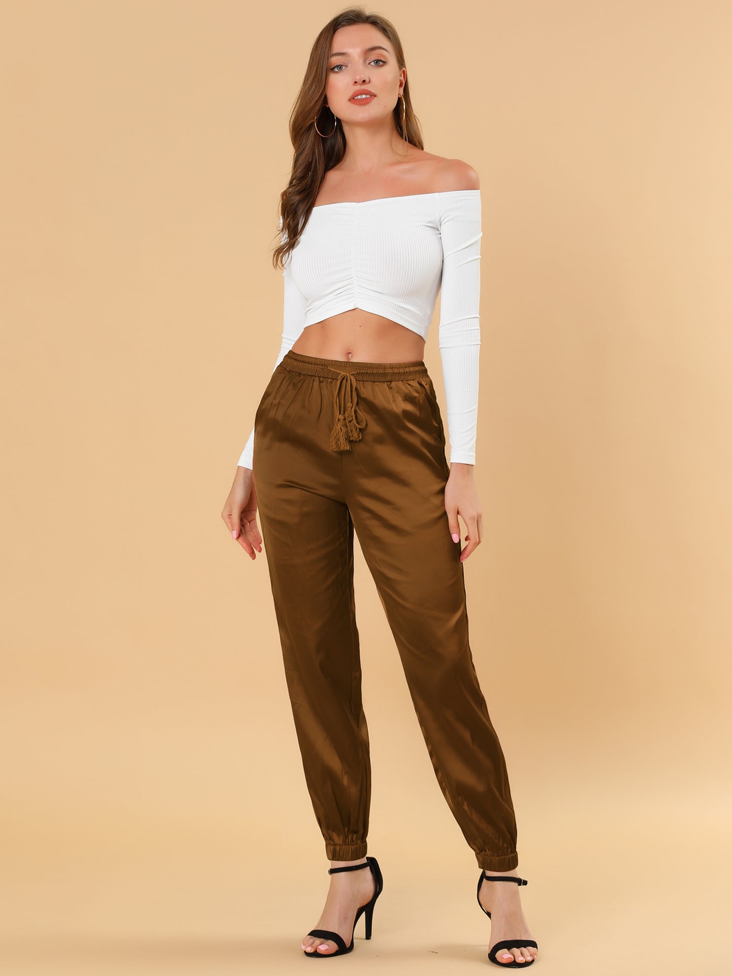 Women's Drawstring Elastic Waist Athleisure Pants Casual Ankle Length Satin Joggers with Pocket