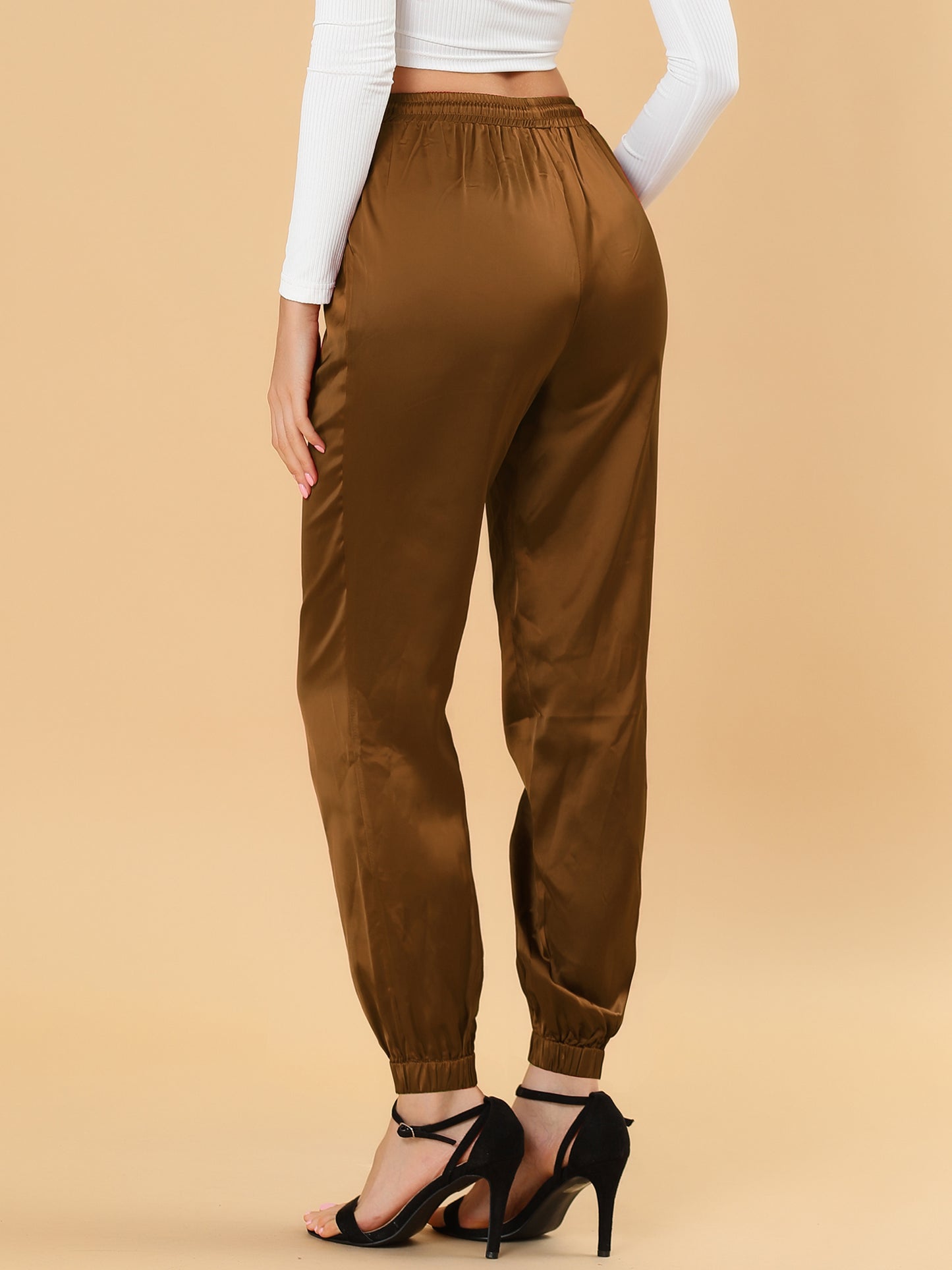 Women's Drawstring Elastic Waist Athleisure Pants Casual Ankle Length Satin Joggers with Pocket