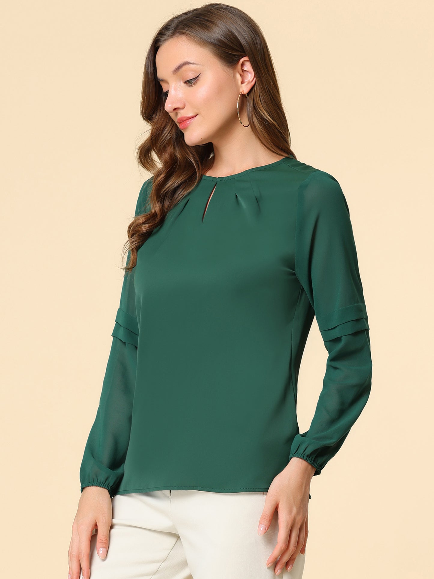 Women's Keyhole Neck Long Sleeve Business Casual Blouse Shirt (Available in Plus Size)