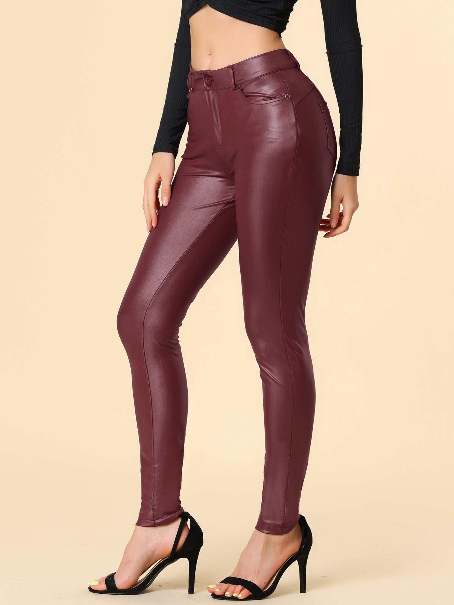 Pantalones ajustados de piel sintética estilo discoteca con cintura alta para mujer