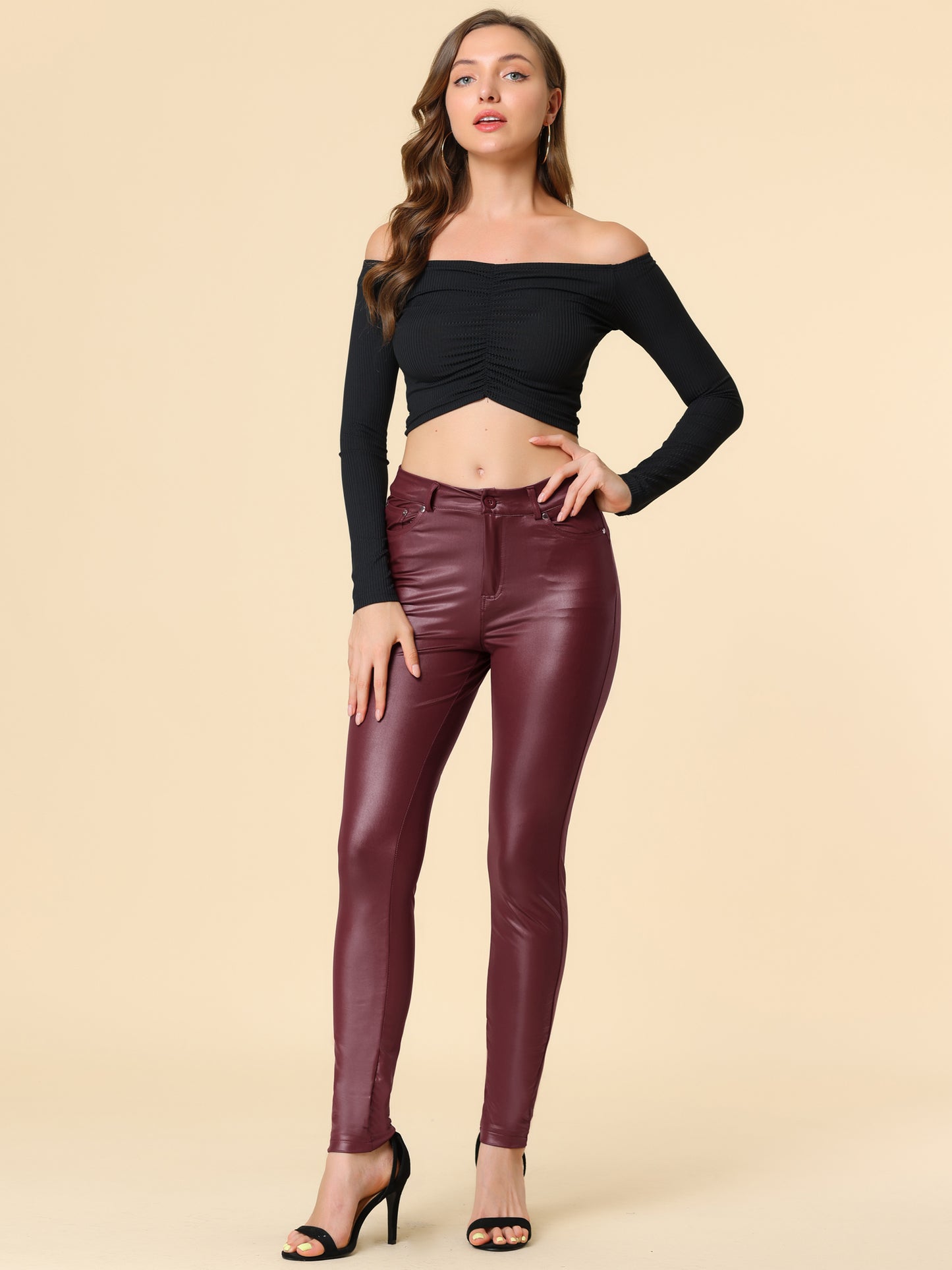 Pantalones ajustados de piel sintética estilo discoteca con cintura alta para mujer