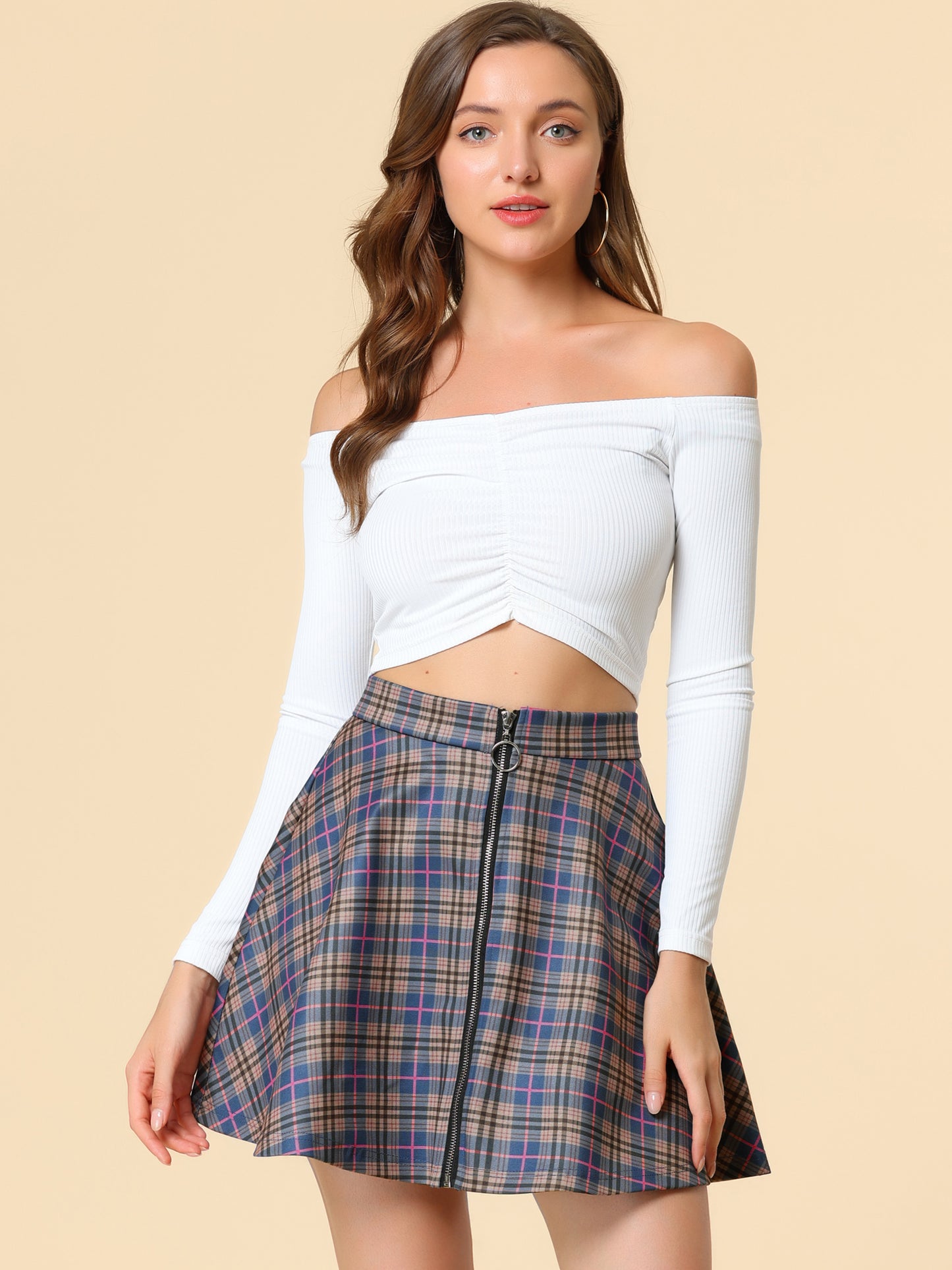 Minifalda acampanada informal de cintura alta con diseño a cuadros para mujer, con cremallera y corte A