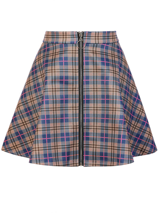 Women's Plaid High Waist Casual A-Line Flare Zip-Up Preppy Checks Flare Mini Skirts