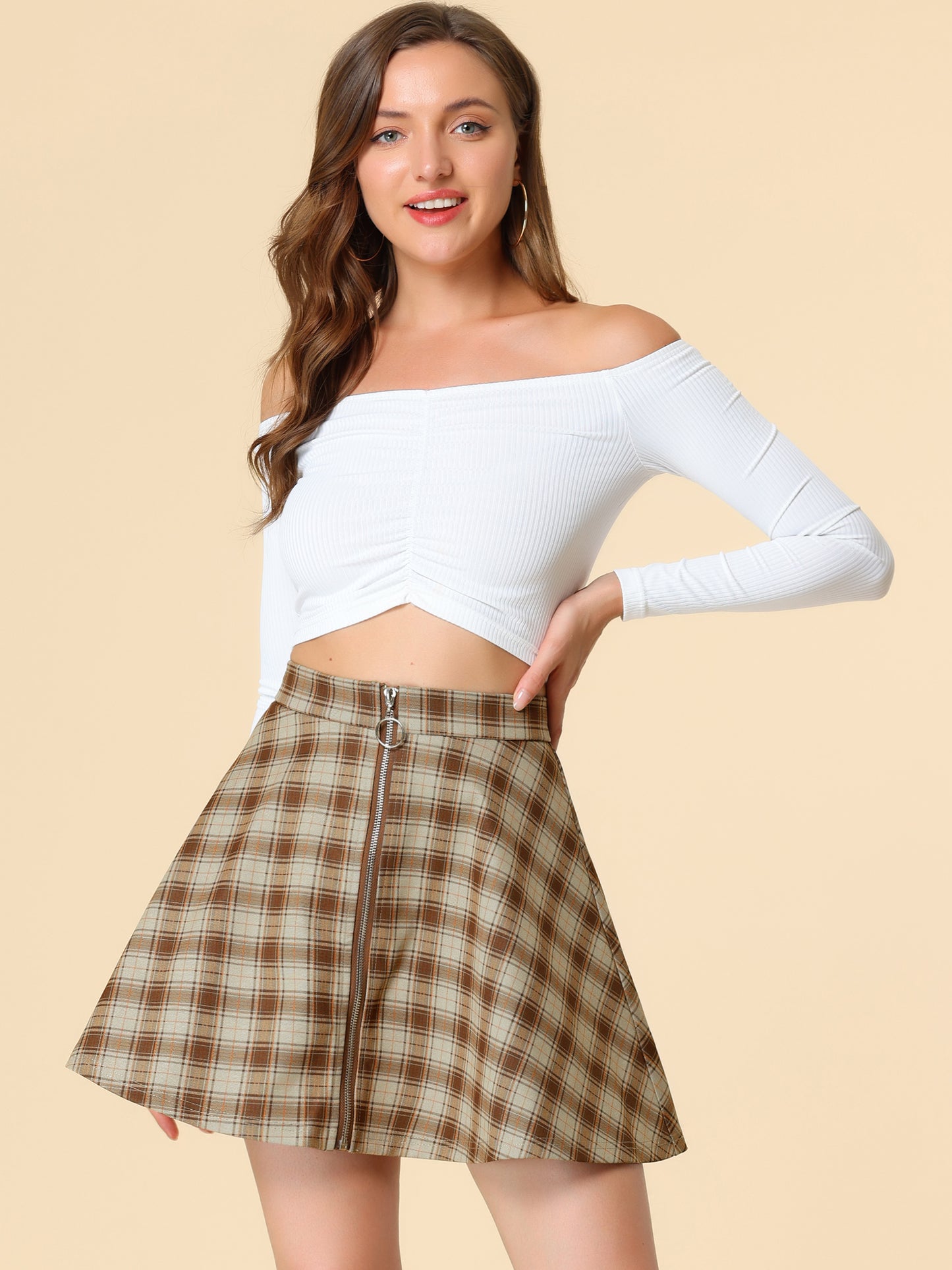 Women's Plaid High Waist Casual A-Line Flare Zip-Up Preppy Checks Flare Mini Skirts