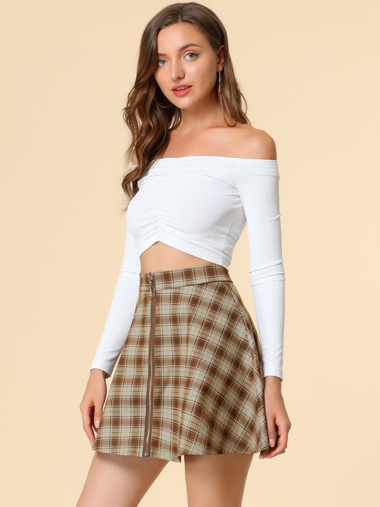 Women's Plaid High Waist Casual A-Line Flare Zip-Up Preppy Checks Flare Mini Skirts