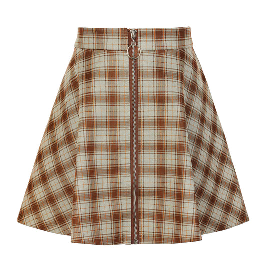 Women's Plaid High Waist Casual A-Line Flare Zip-Up Preppy Checks Flare Mini Skirts
