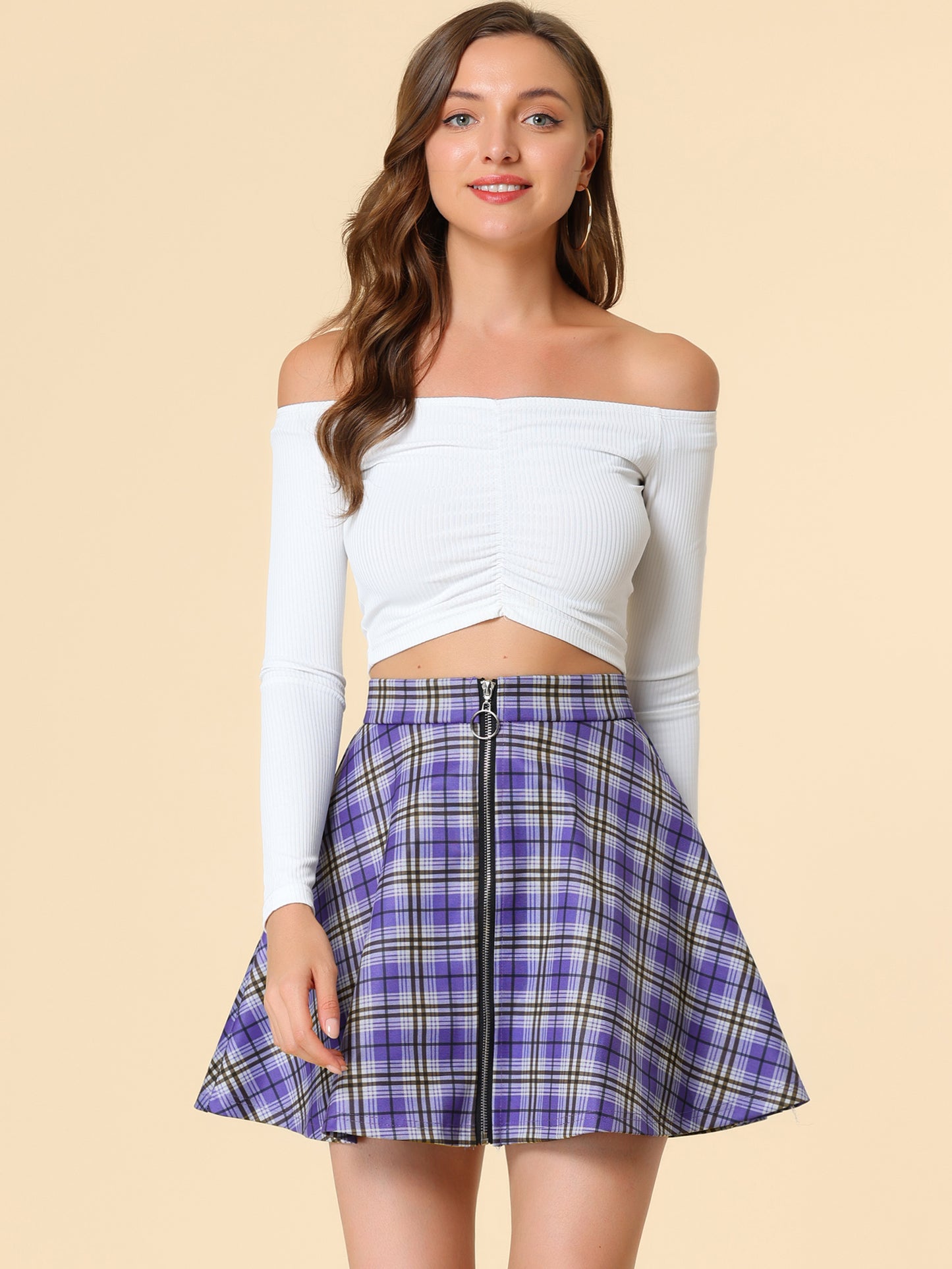 Minifalda acampanada informal de cintura alta con diseño a cuadros para mujer, con cremallera y corte A