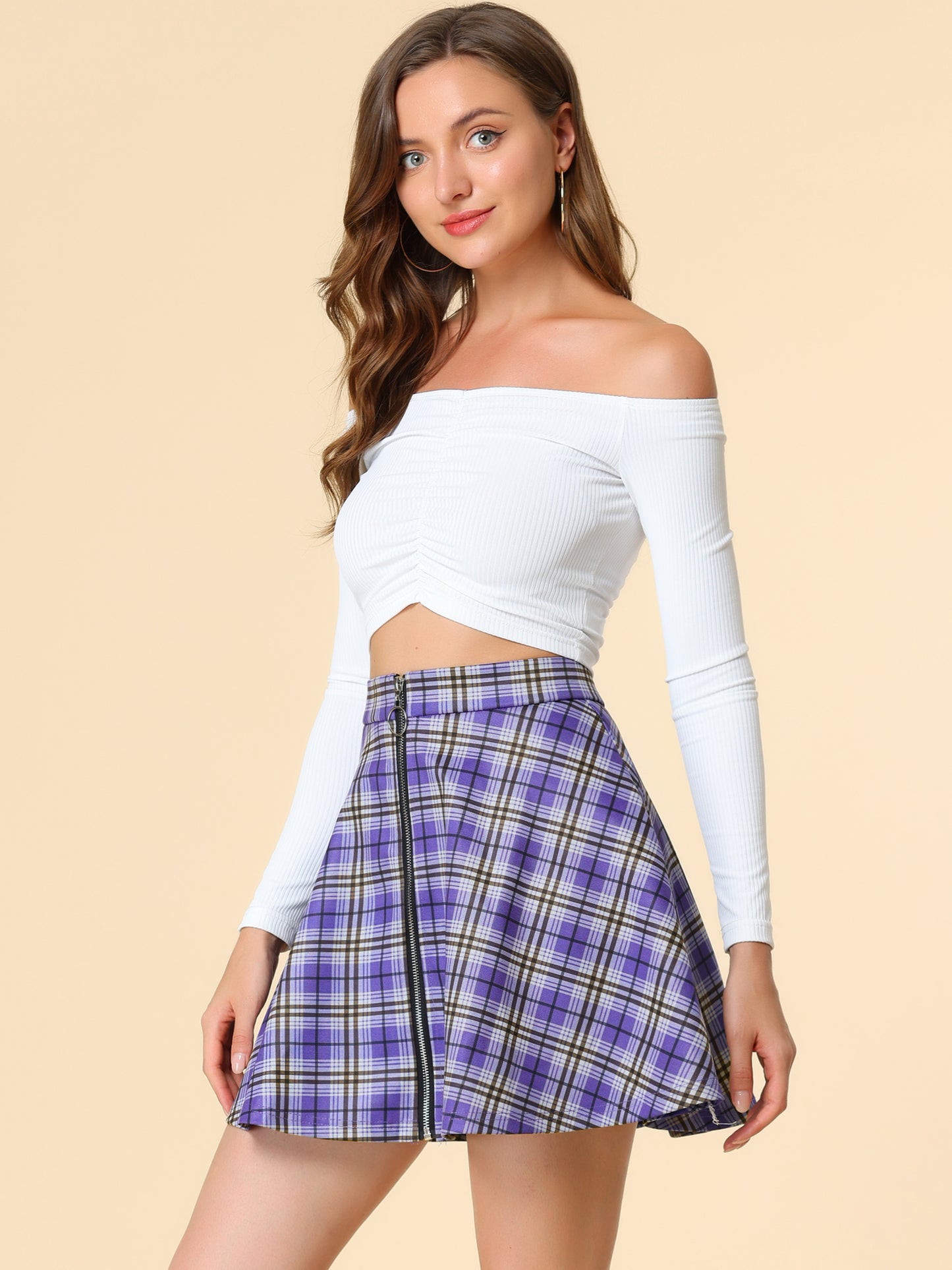 Minifalda acampanada informal de cintura alta con diseño a cuadros para mujer, con cremallera y corte A