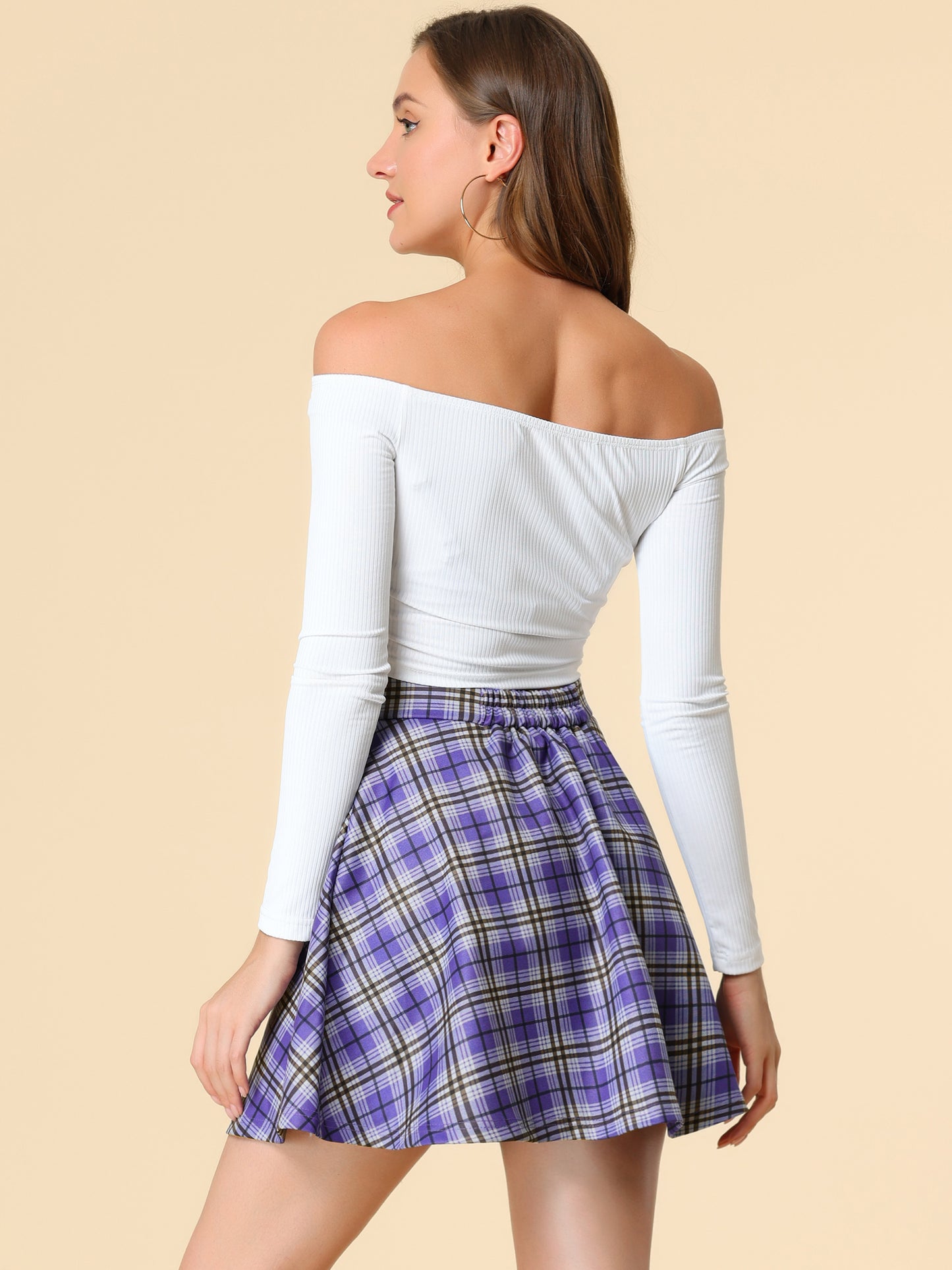 Minifalda acampanada informal de cintura alta con diseño a cuadros para mujer, con cremallera y corte A