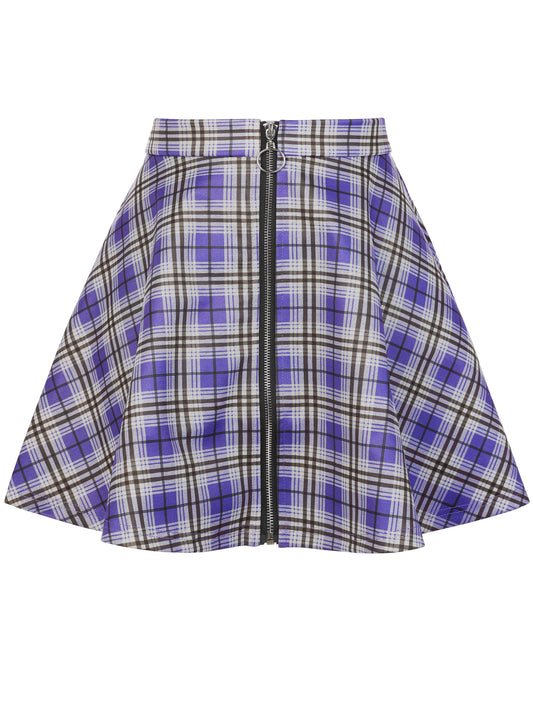 Women's Plaid High Waist Casual A-Line Flare Zip-Up Preppy Checks Flare Mini Skirts