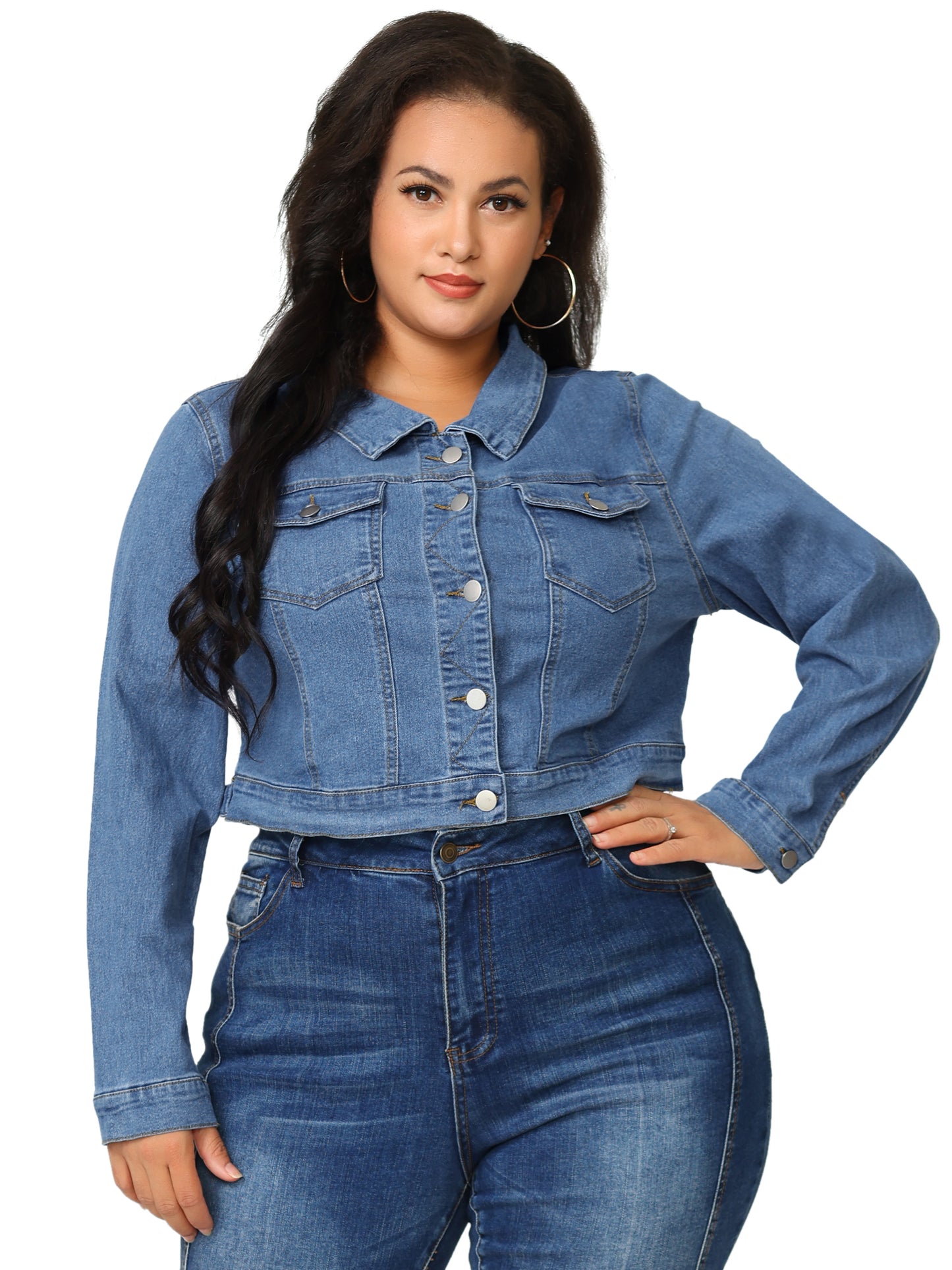 Women's Plus Size Button Closed Cropped Stitching Denim Jacket