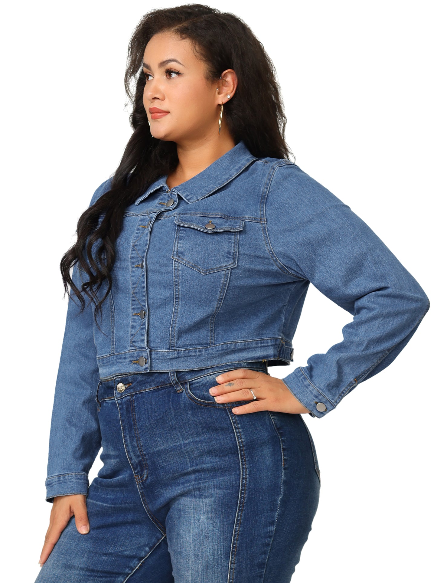 Women's Plus Size Button Closed Cropped Stitching Denim Jacket
