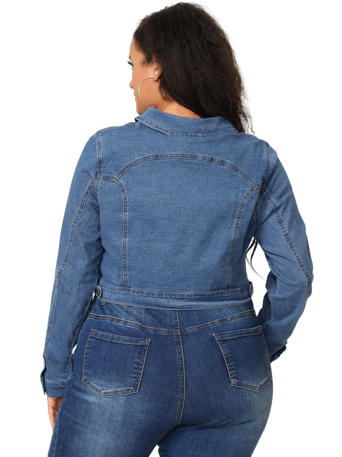 Women's Plus Size Button Closed Cropped Stitching Denim Jacket