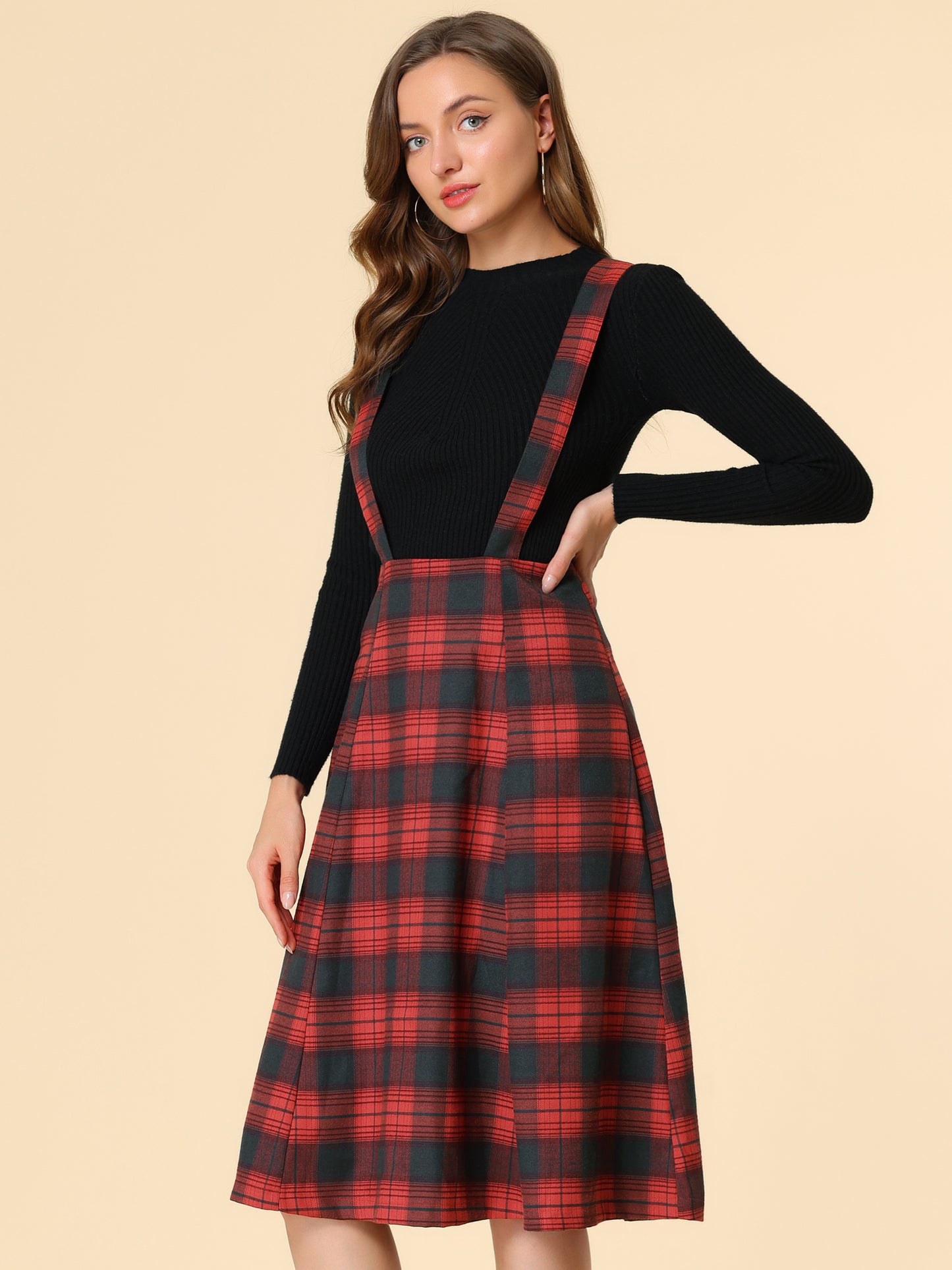 Women's Tartan Plaid Suspender Skirt Vintage High Waist A-Line Midi Overall Dress