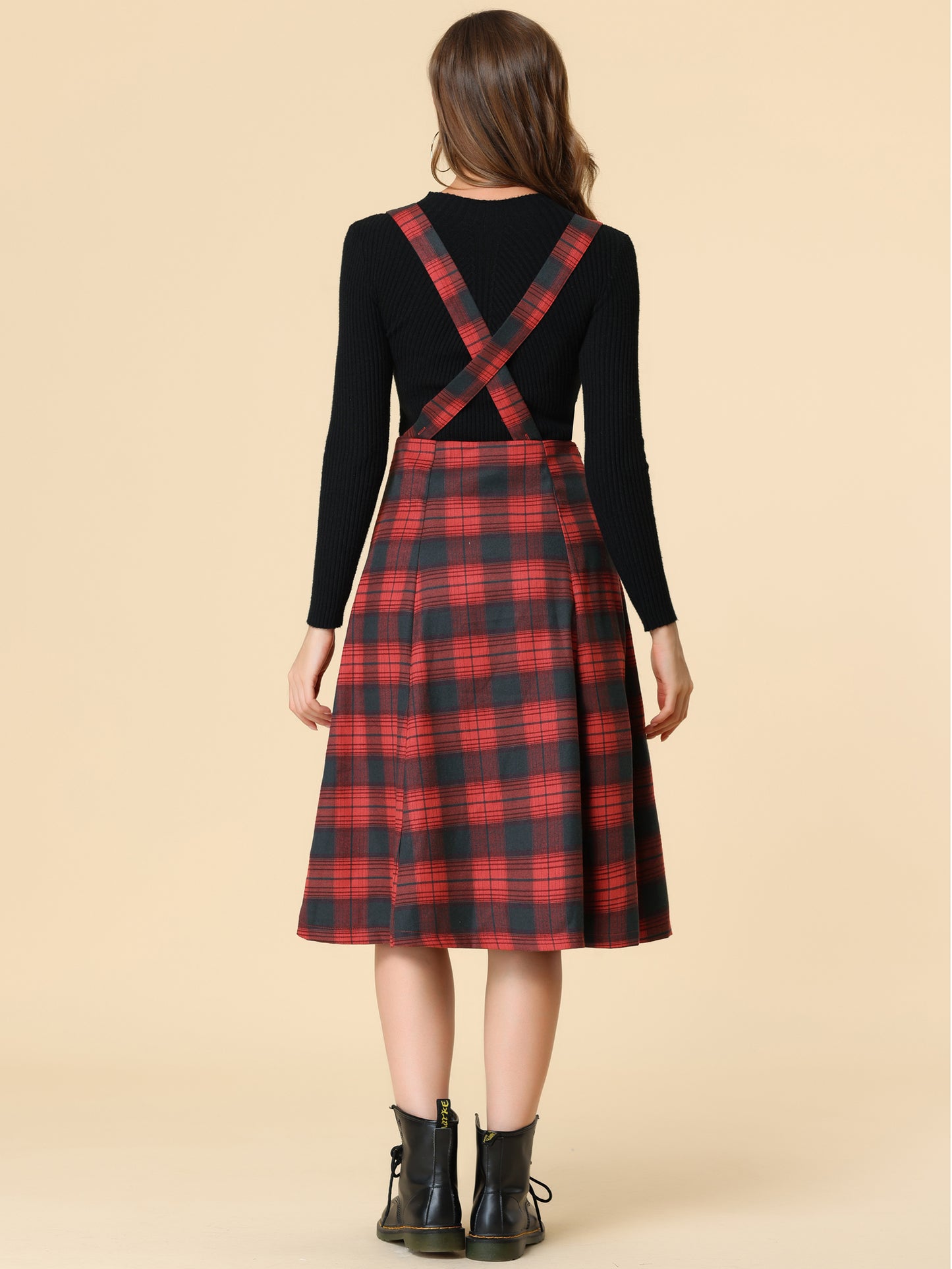 Women's Tartan Plaid Suspender Skirt Vintage High Waist A-Line Midi Overall Dress
