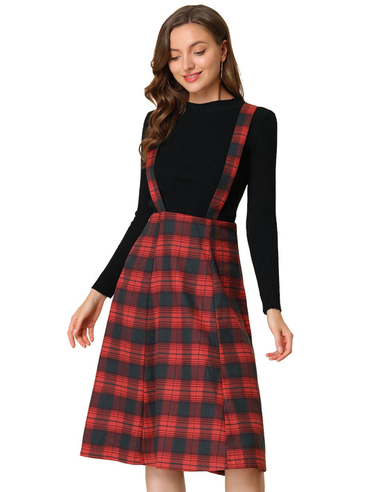 Women's Tartan Plaid Suspender Skirt Vintage High Waist A-Line Midi Overall Dress