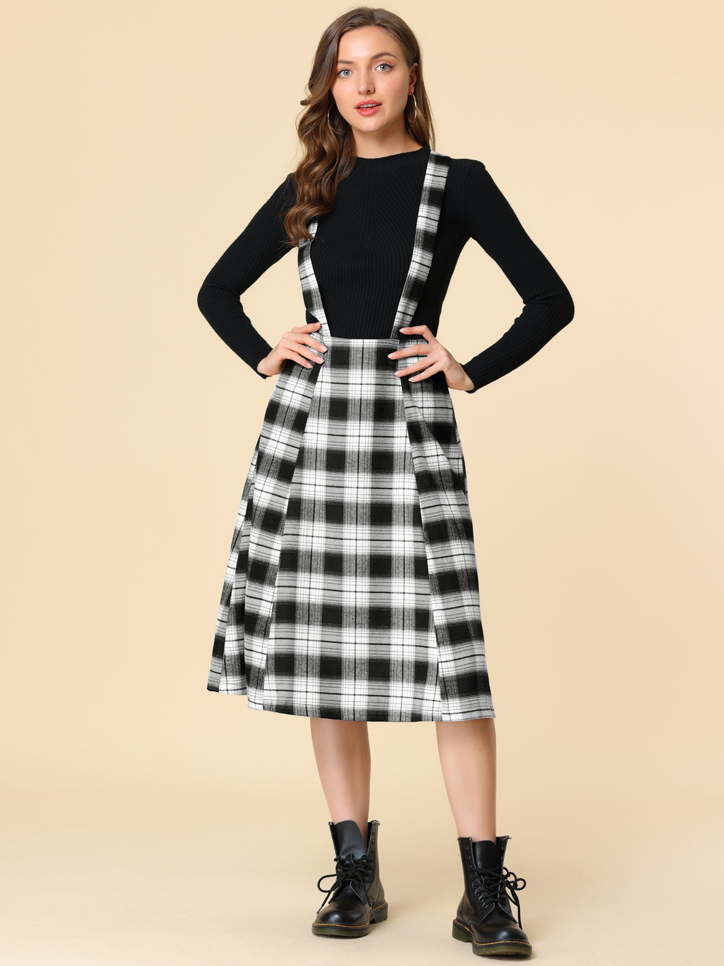 Women's Tartan Plaid Suspender Skirt Vintage High Waist A-Line Midi Overall Dress