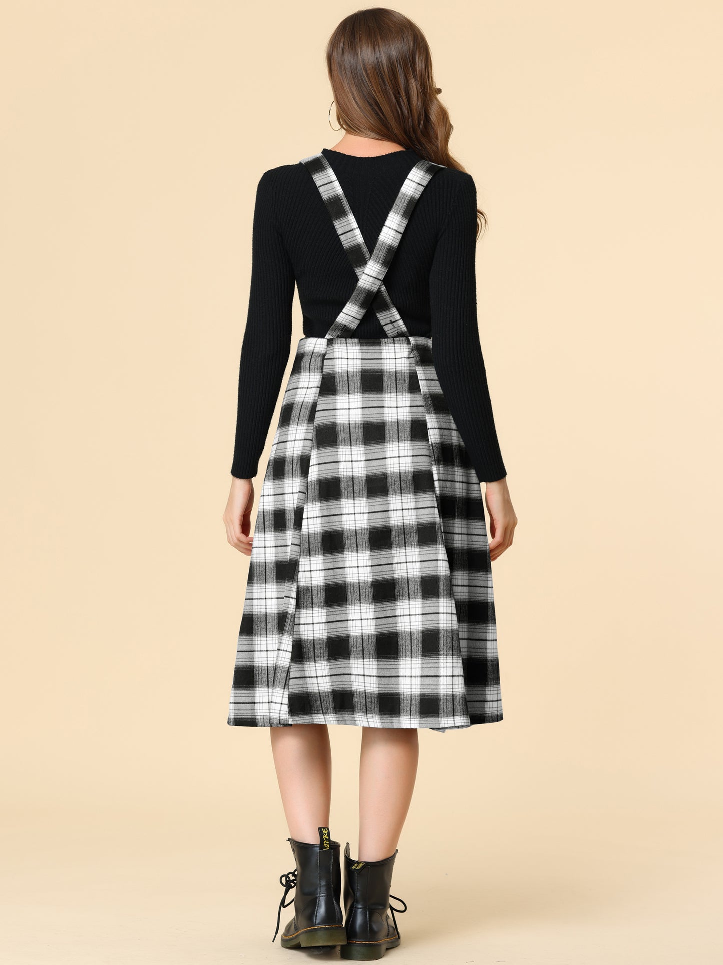 Women's Tartan Plaid Suspender Skirt Vintage High Waist A-Line Midi Overall Dress