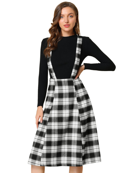 Women's Tartan Plaid Suspender Skirt Vintage High Waist A-Line Midi Overall Dress
