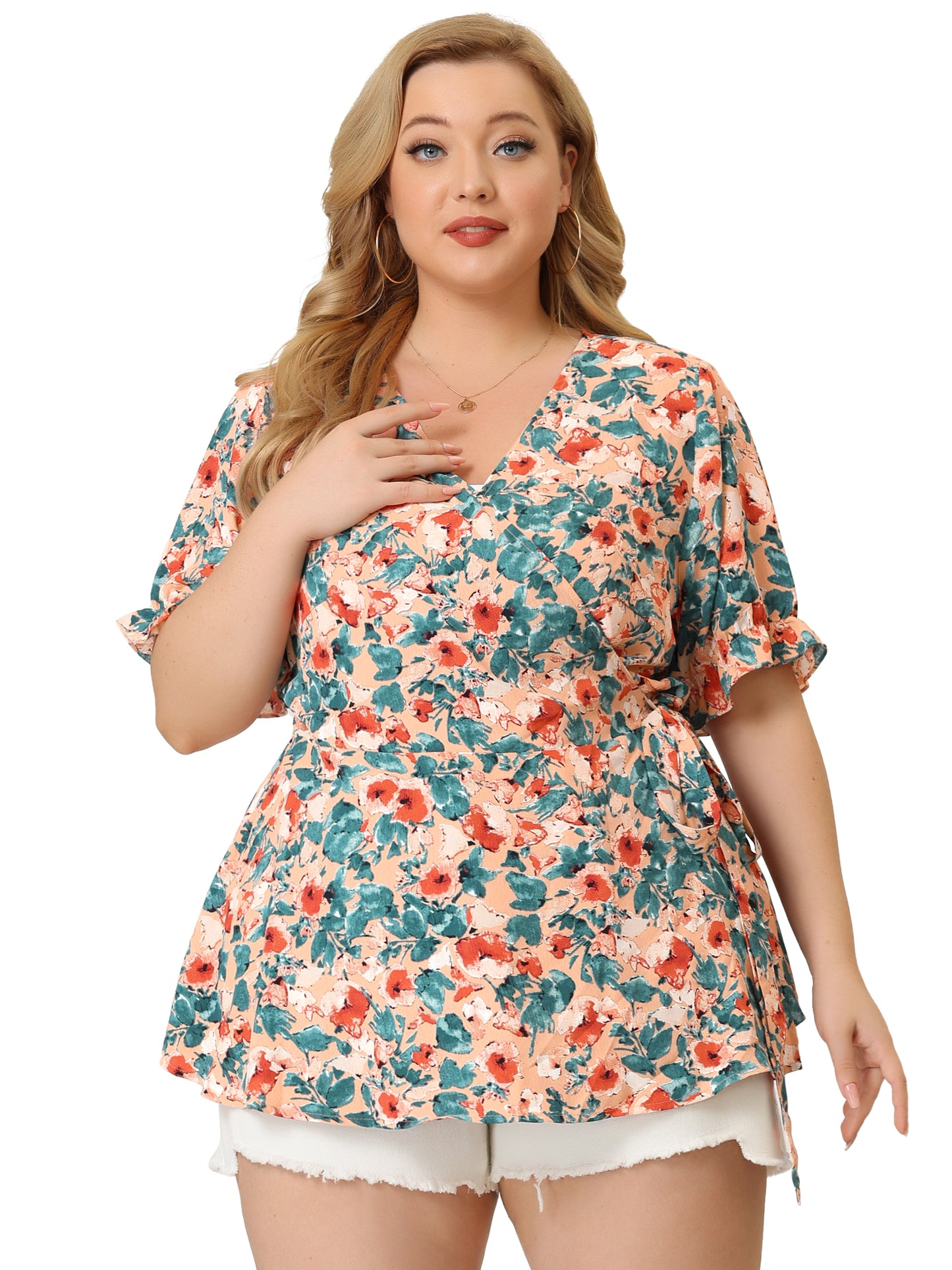Women's Plus Size Blouse Floral Ruffle Sleeve Faux Wrap Peplum Top