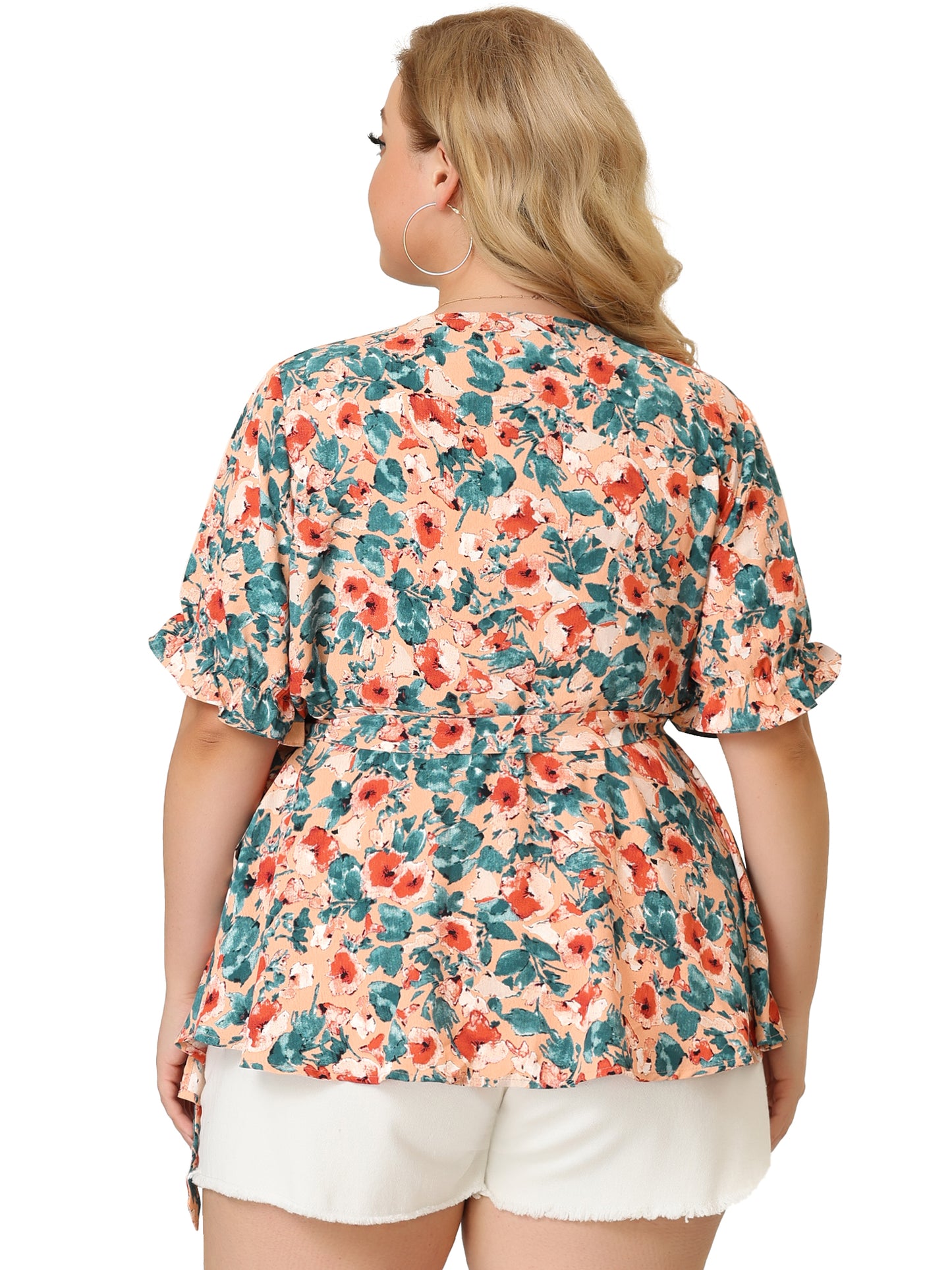 Women's Plus Size Blouse Floral Ruffle Sleeve Faux Wrap Peplum Top