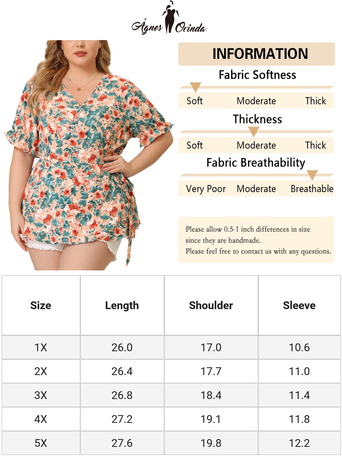 Blusa de mujer de talla grande con volantes florales y mangas cruzadas con peplum
