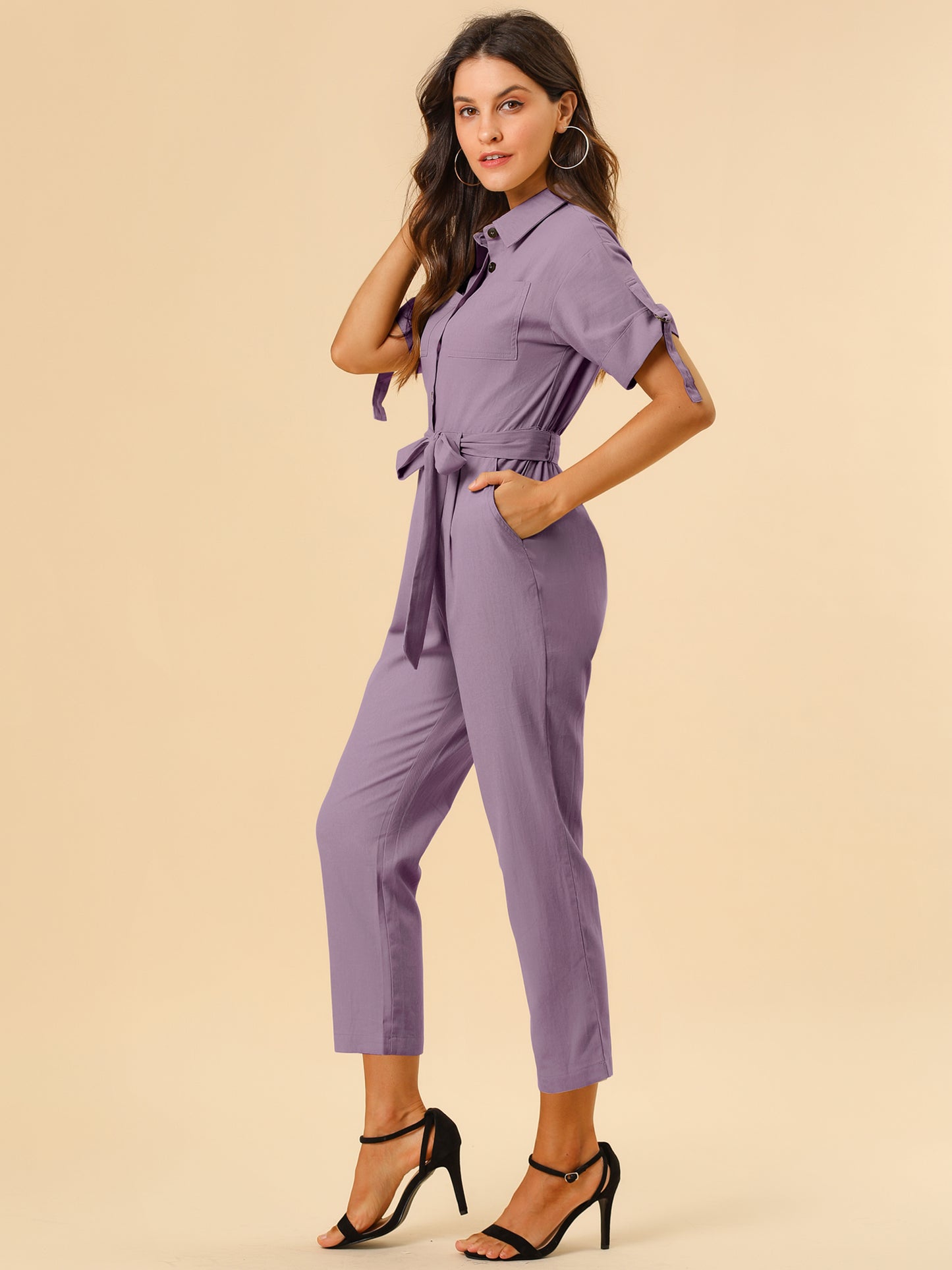Women's Short Sleeve Collared Cropped Coverall Button Down Tie Waist Cotton Cargo Jumpsuit (Available in Plus Size)