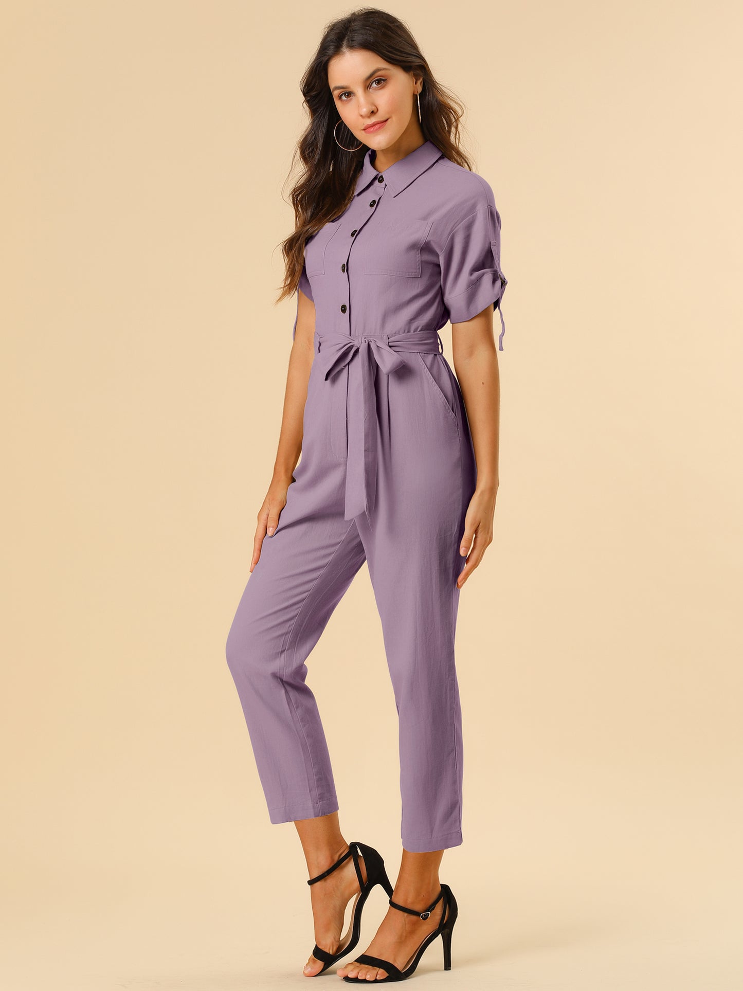 Women's Short Sleeve Collared Cropped Coverall Button Down Tie Waist Cotton Cargo Jumpsuit (Available in Plus Size)