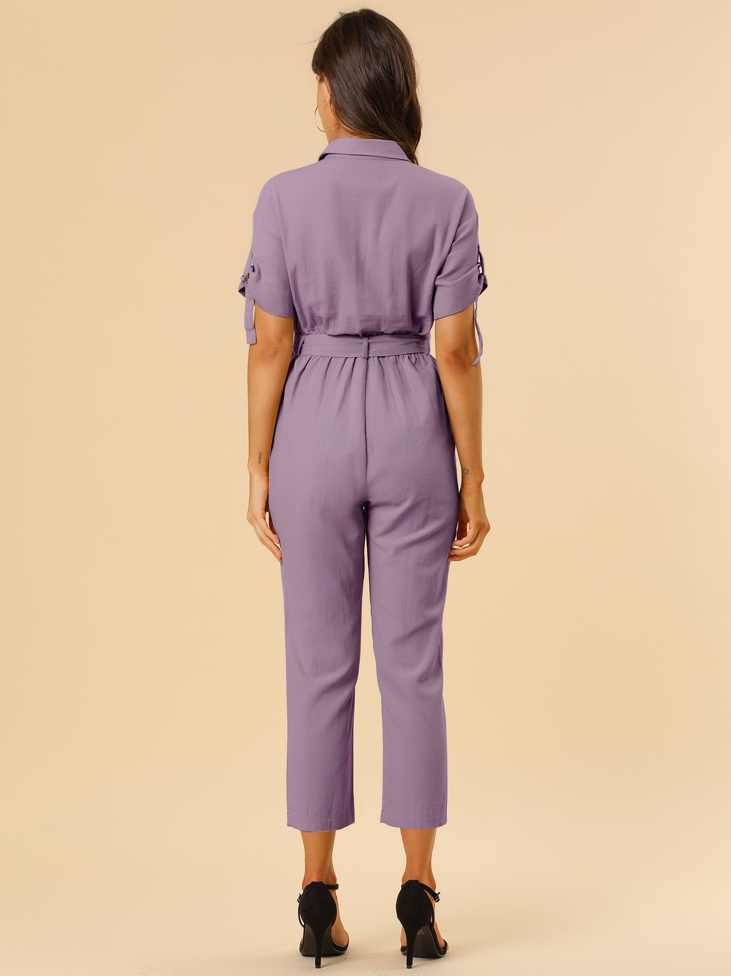 Women's Short Sleeve Collared Cropped Coverall Button Down Tie Waist Cotton Cargo Jumpsuit (Available in Plus Size)