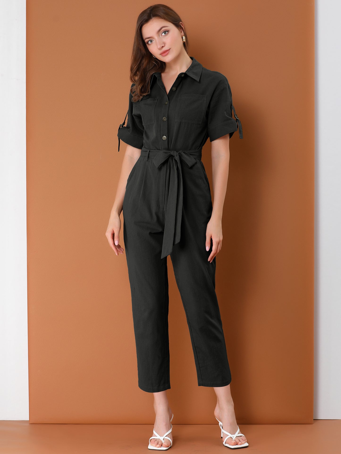Women's Short Sleeve Collared Cropped Coverall Button Down Tie Waist Cotton Cargo Jumpsuit (Available in Plus Size)