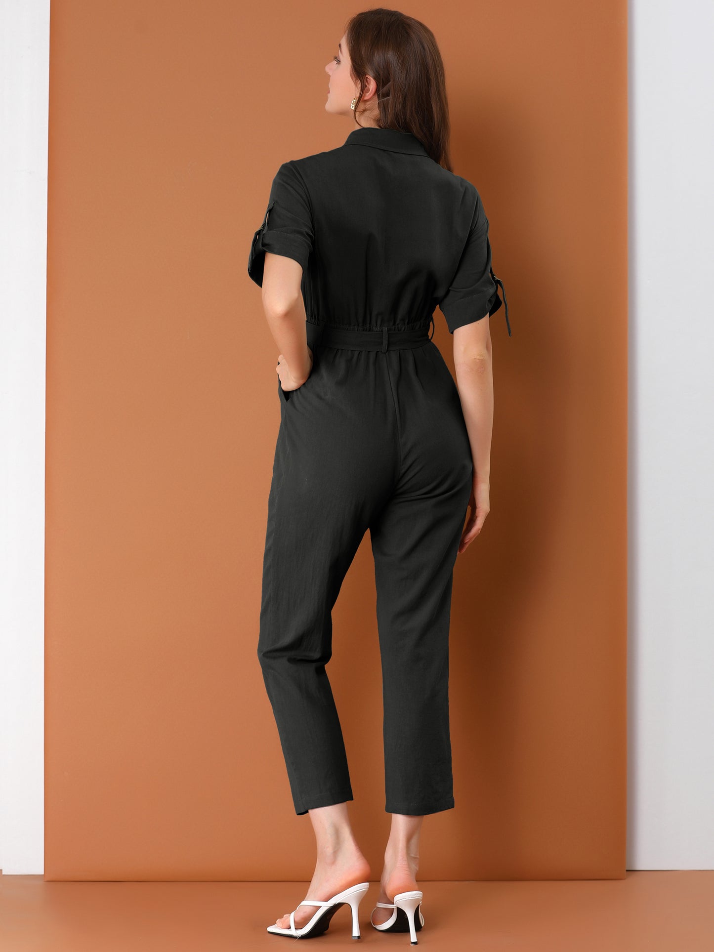 Women's Short Sleeve Collared Cropped Coverall Button Down Tie Waist Cotton Cargo Jumpsuit (Available in Plus Size)