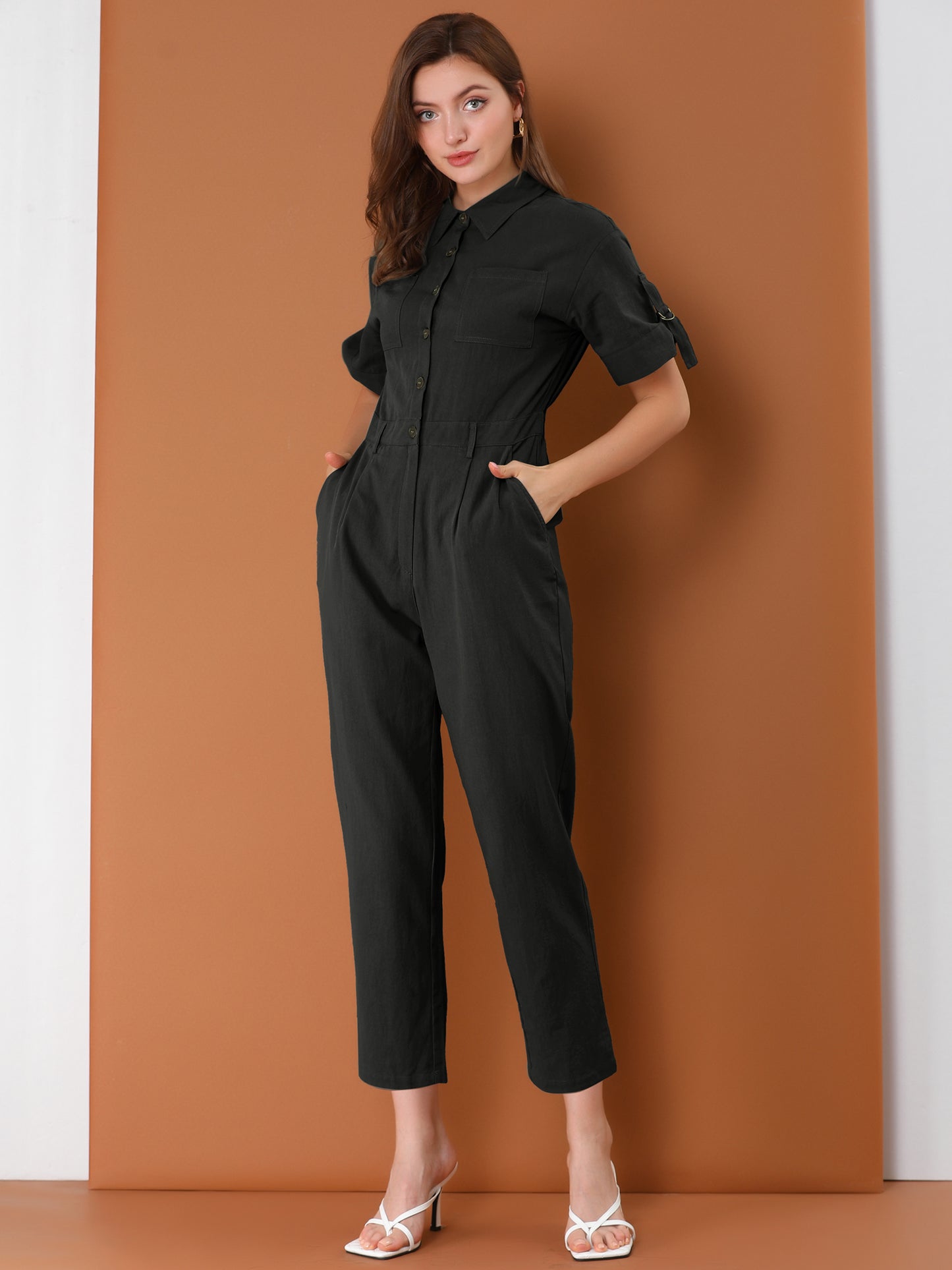 Women's Short Sleeve Collared Cropped Coverall Button Down Tie Waist Cotton Cargo Jumpsuit (Available in Plus Size)