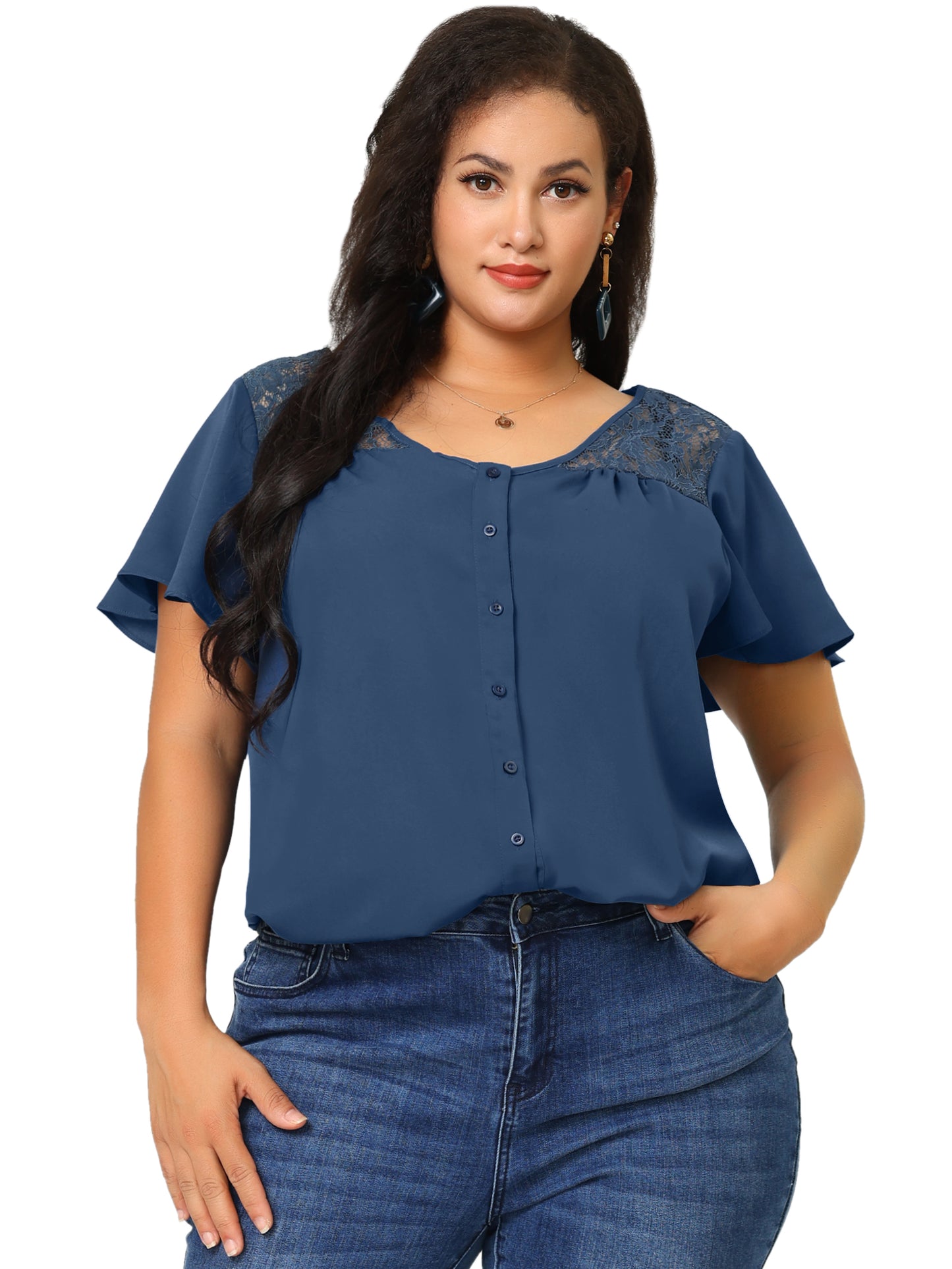 Women Plus Size Chiffon Summer Lace V Neck Flare Sleeve Blouse Shirt Top