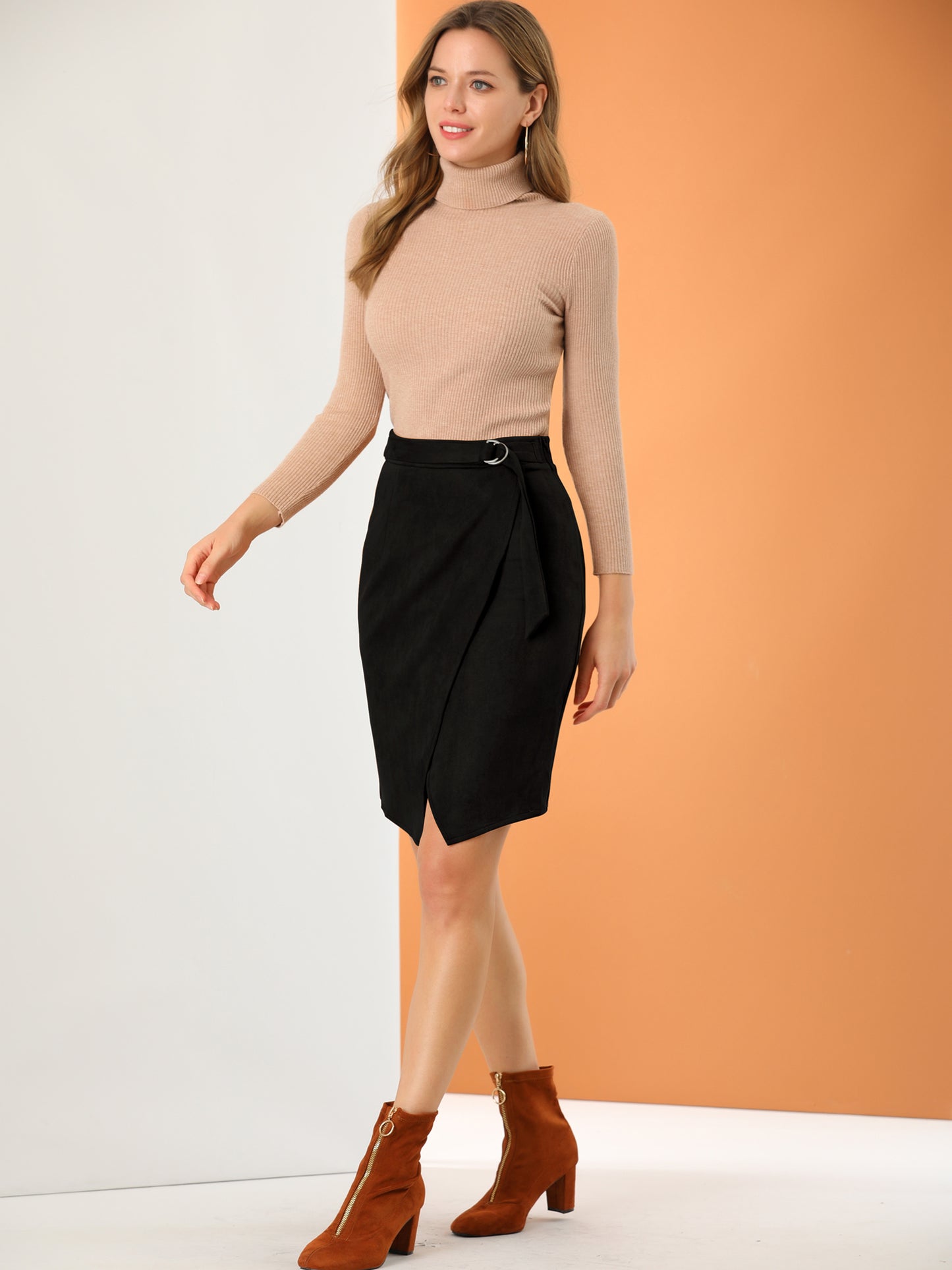 Falda de gamuza sintética para mujer, con abertura frontal, cruzada, hasta la rodilla, estilo lápiz