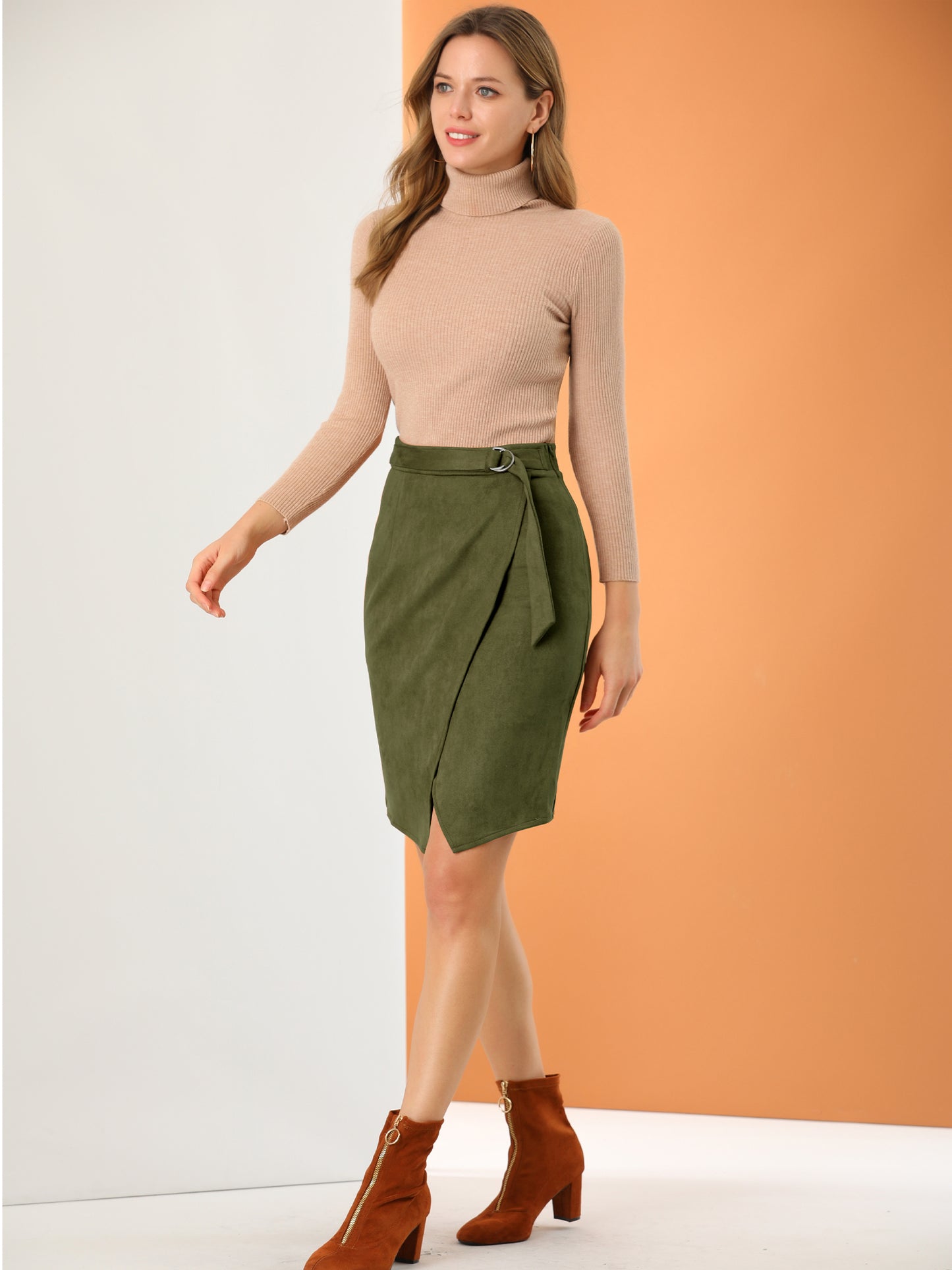 Falda de gamuza sintética para mujer, con abertura frontal, cruzada, hasta la rodilla, estilo lápiz