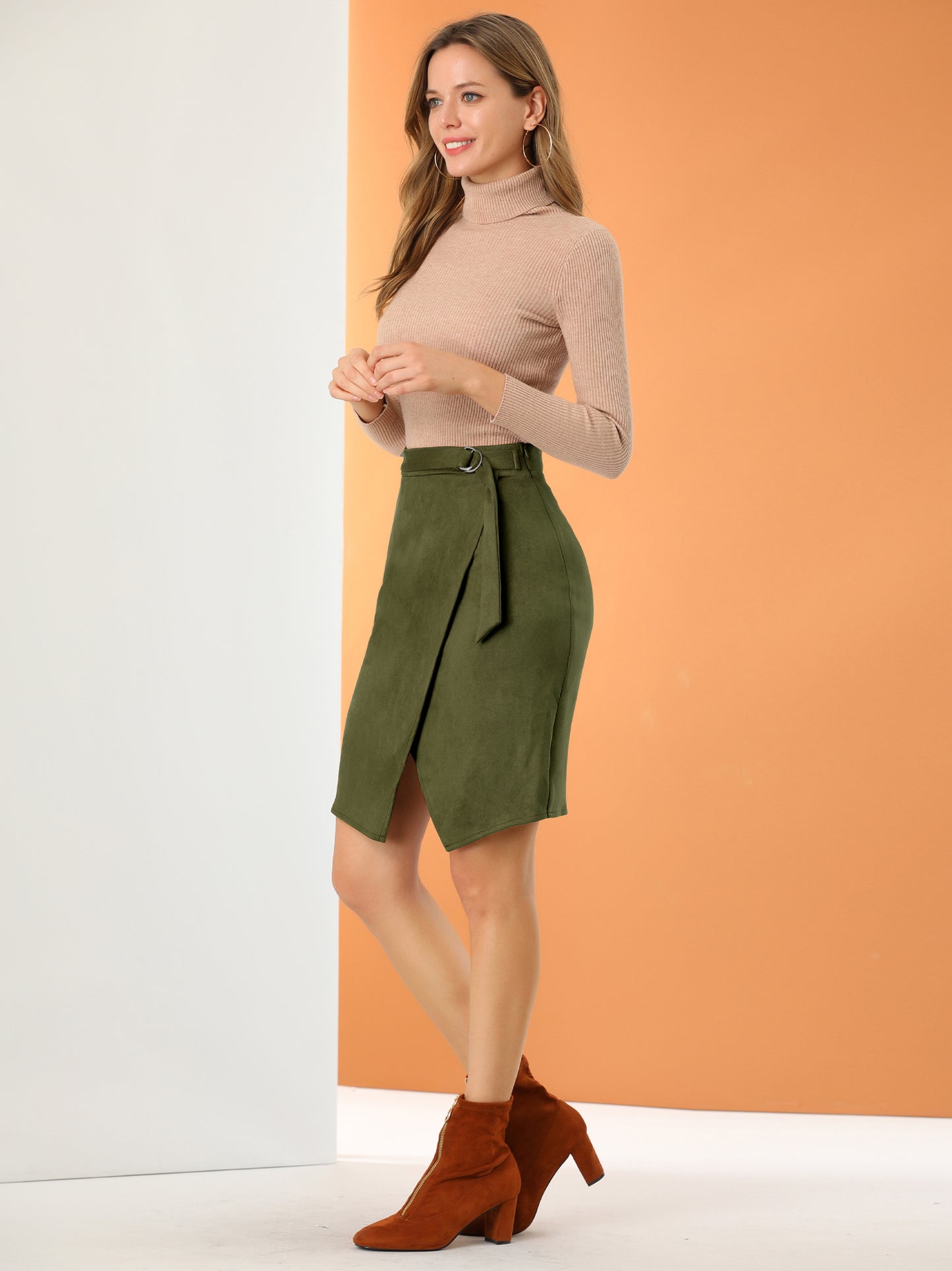 Falda de gamuza sintética para mujer, con abertura frontal, cruzada, hasta la rodilla, estilo lápiz