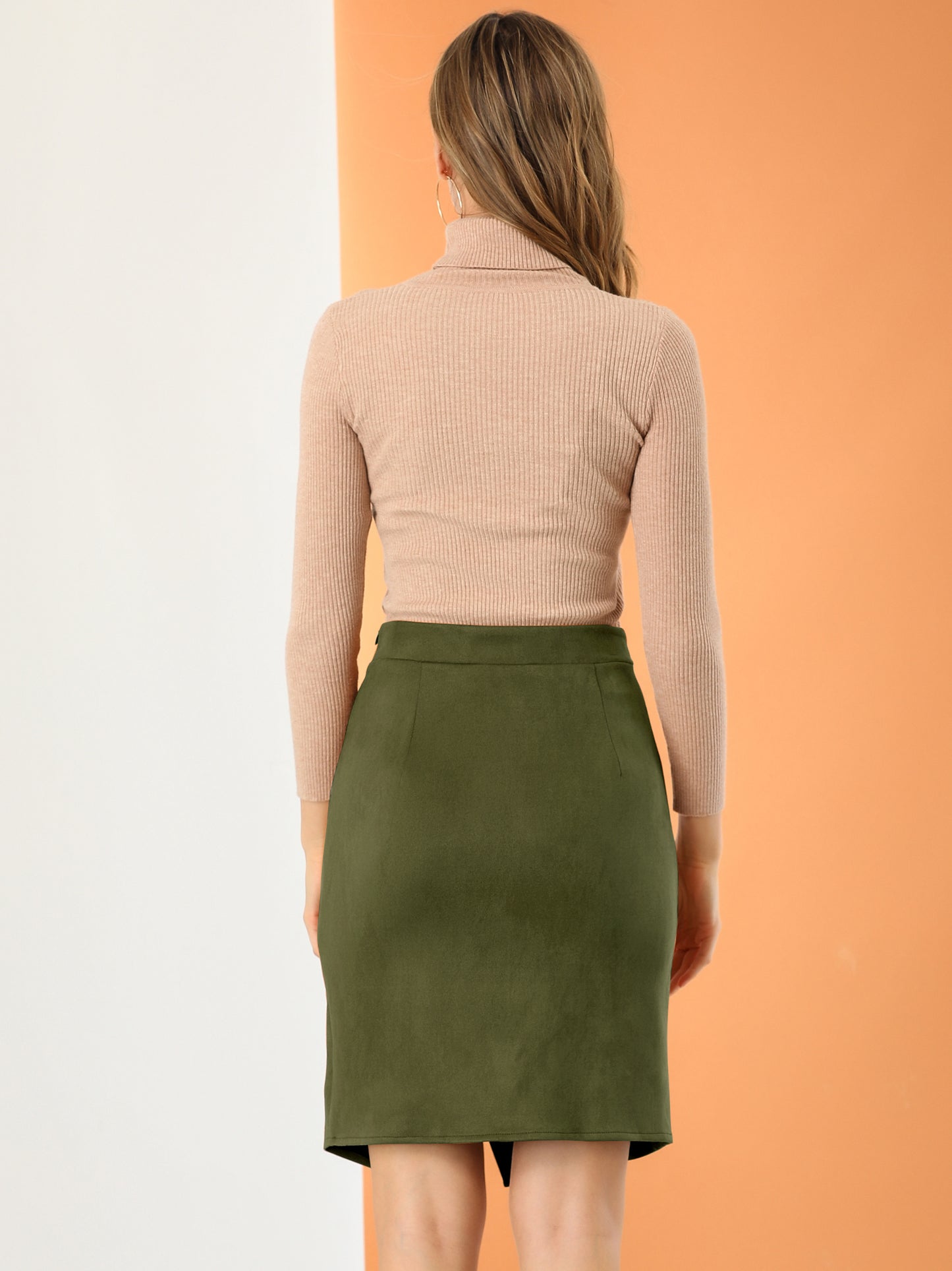 Falda de gamuza sintética para mujer, con abertura frontal, cruzada, hasta la rodilla, estilo lápiz