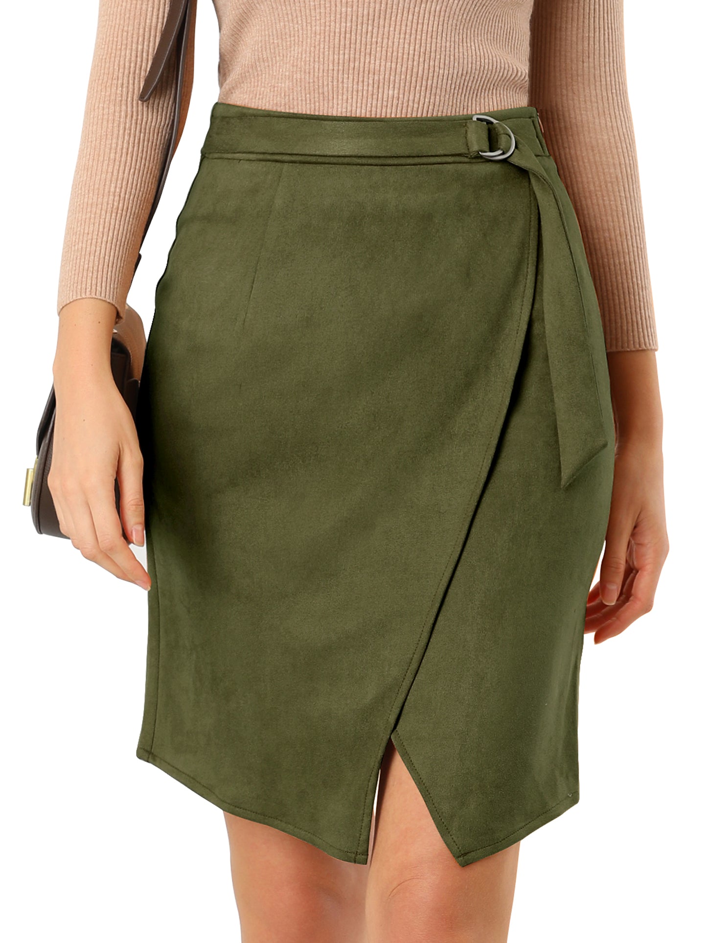 Falda de gamuza sintética para mujer, con abertura frontal, cruzada, hasta la rodilla, estilo lápiz