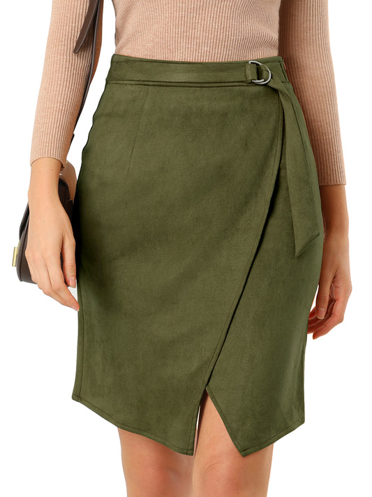 Women's Faux Suede Skirt Fall Front Slit Faux Wrap Knee Length Pencil Skirts
