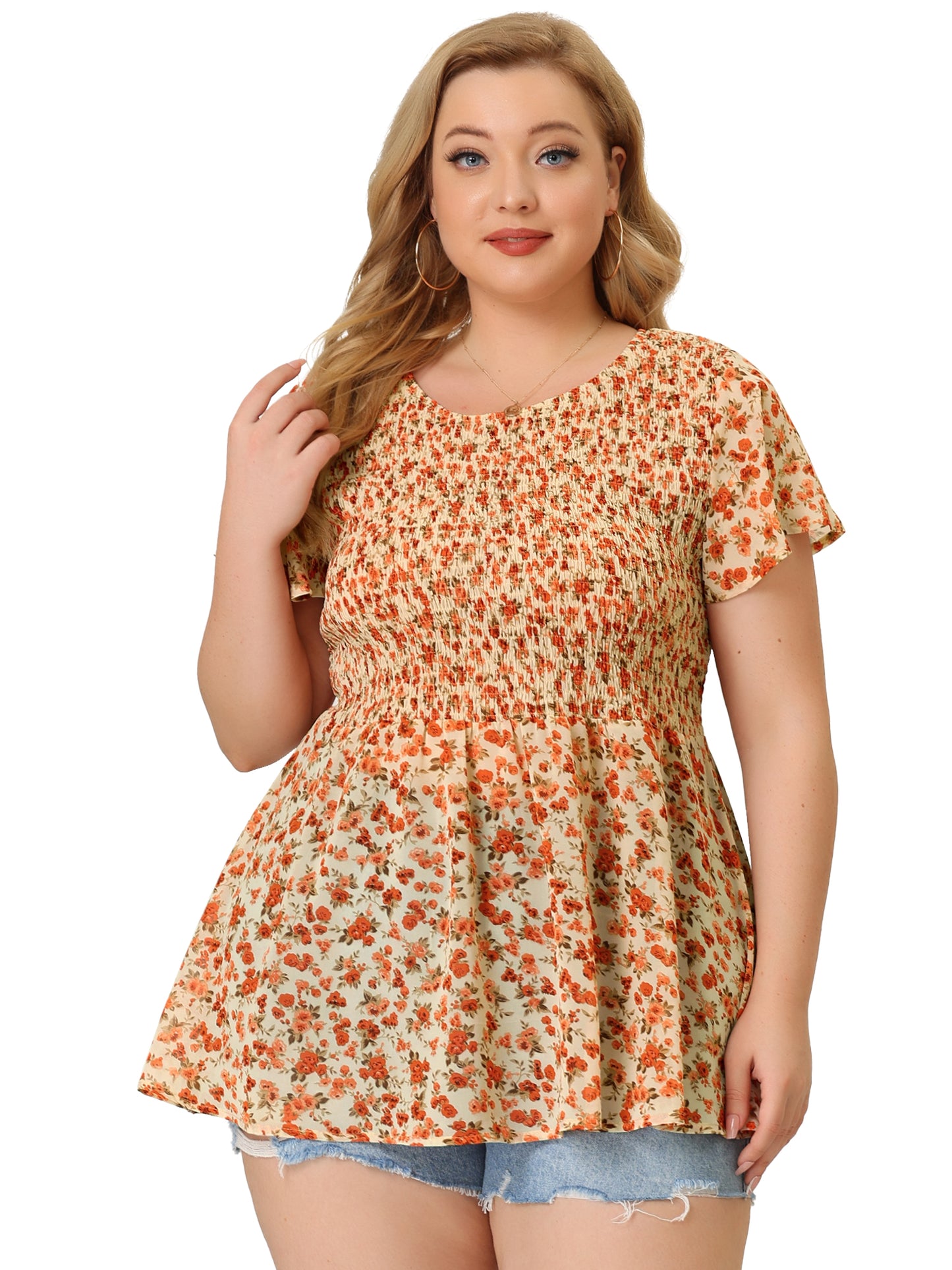 Women Plus Size Chiffon Blouse Summer Flare Short Sleeve Smocked Ditsy Floral Peplum Top