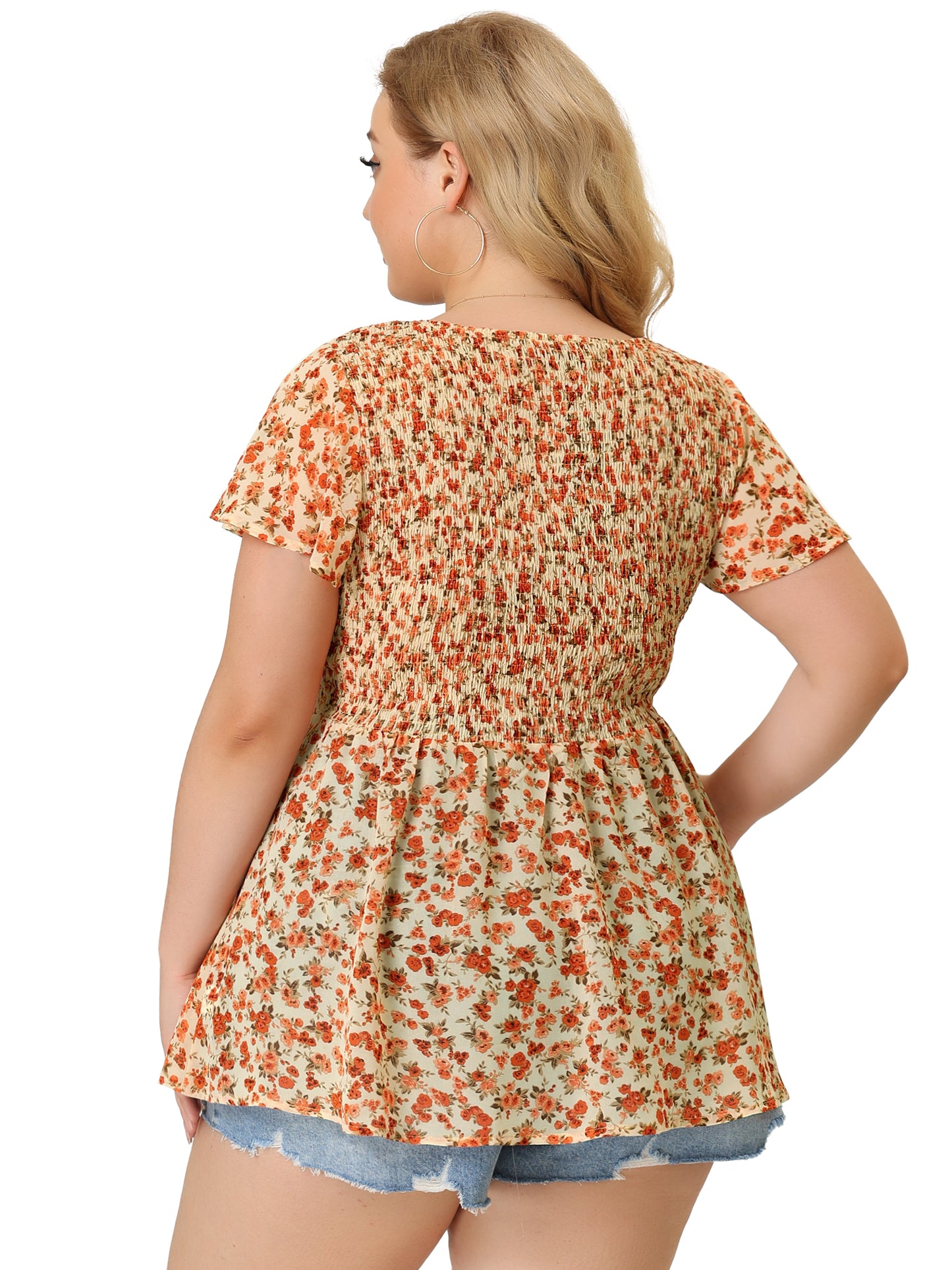 Women Plus Size Chiffon Blouse Summer Flare Short Sleeve Smocked Ditsy Floral Peplum Top