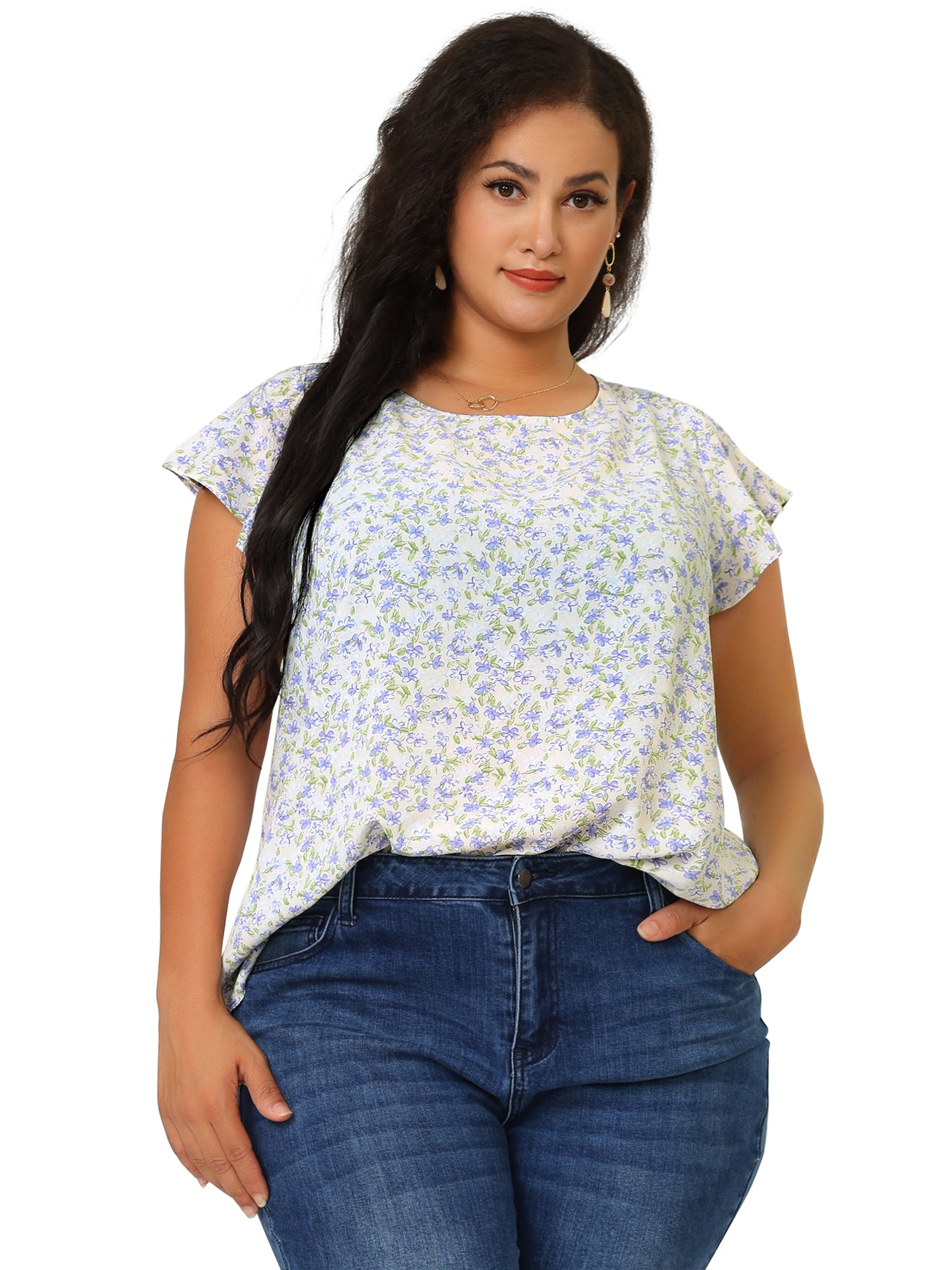 Women's Plus Size Summer Top Floral Round Neck Short Sleeves Ruffle Casual Blouse