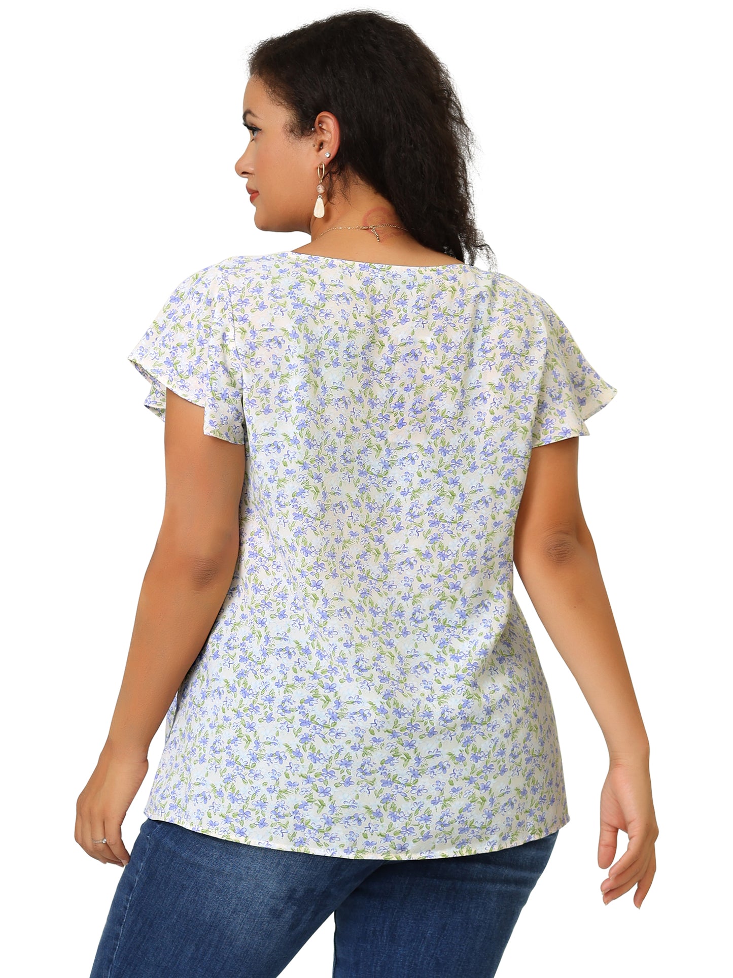 Women's Plus Size Summer Top Floral Round Neck Short Sleeves Ruffle Casual Blouse