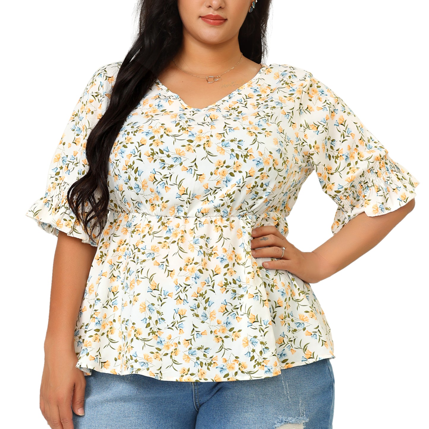 Women's Plus Size V Neck Short Sleeve Floral Peplum Blouse Summer Top