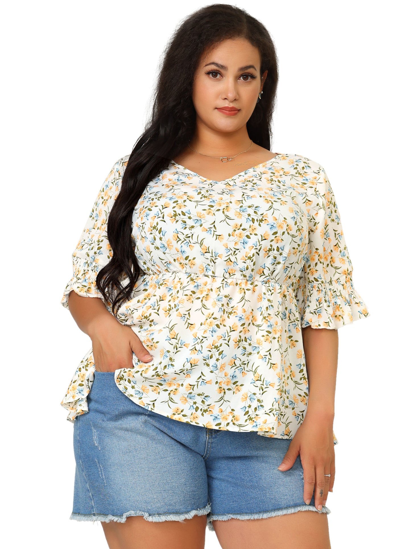 Women's Plus Size V Neck Short Sleeve Floral Peplum Blouse Summer Top