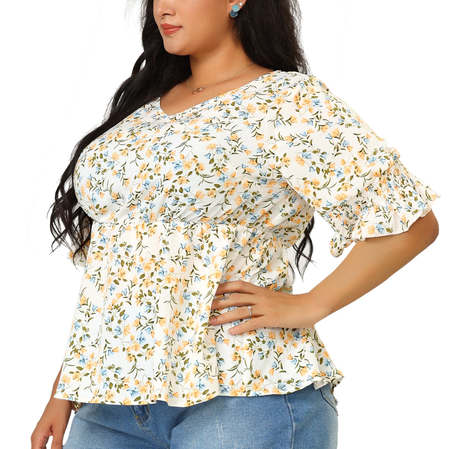 Women's Plus Size V Neck Short Sleeve Floral Peplum Blouse Summer Top