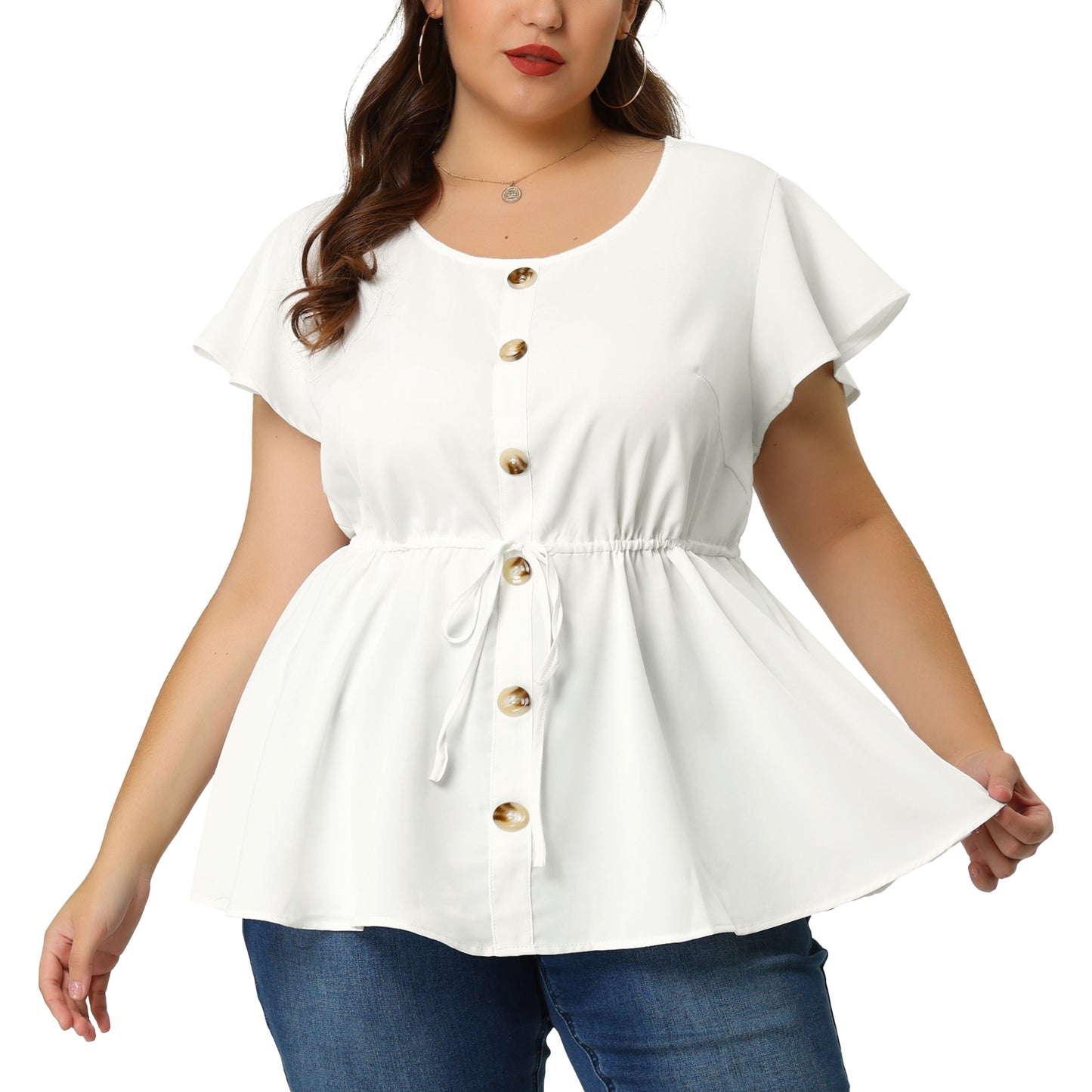 Women Button Decor Drawstring Waist Flare Sleeve Plus Size Peplum Blouse