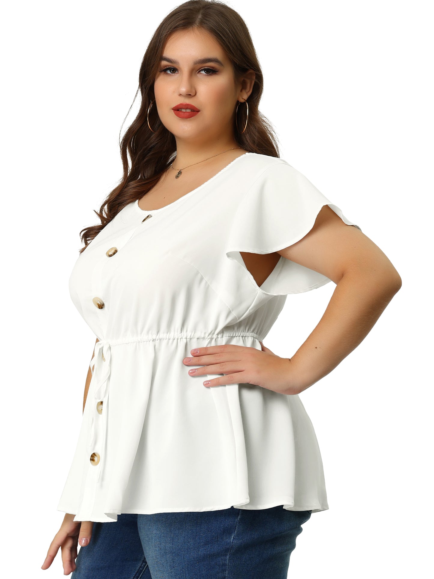 Women Button Decor Drawstring Waist Flare Sleeve Plus Size Peplum Blouse