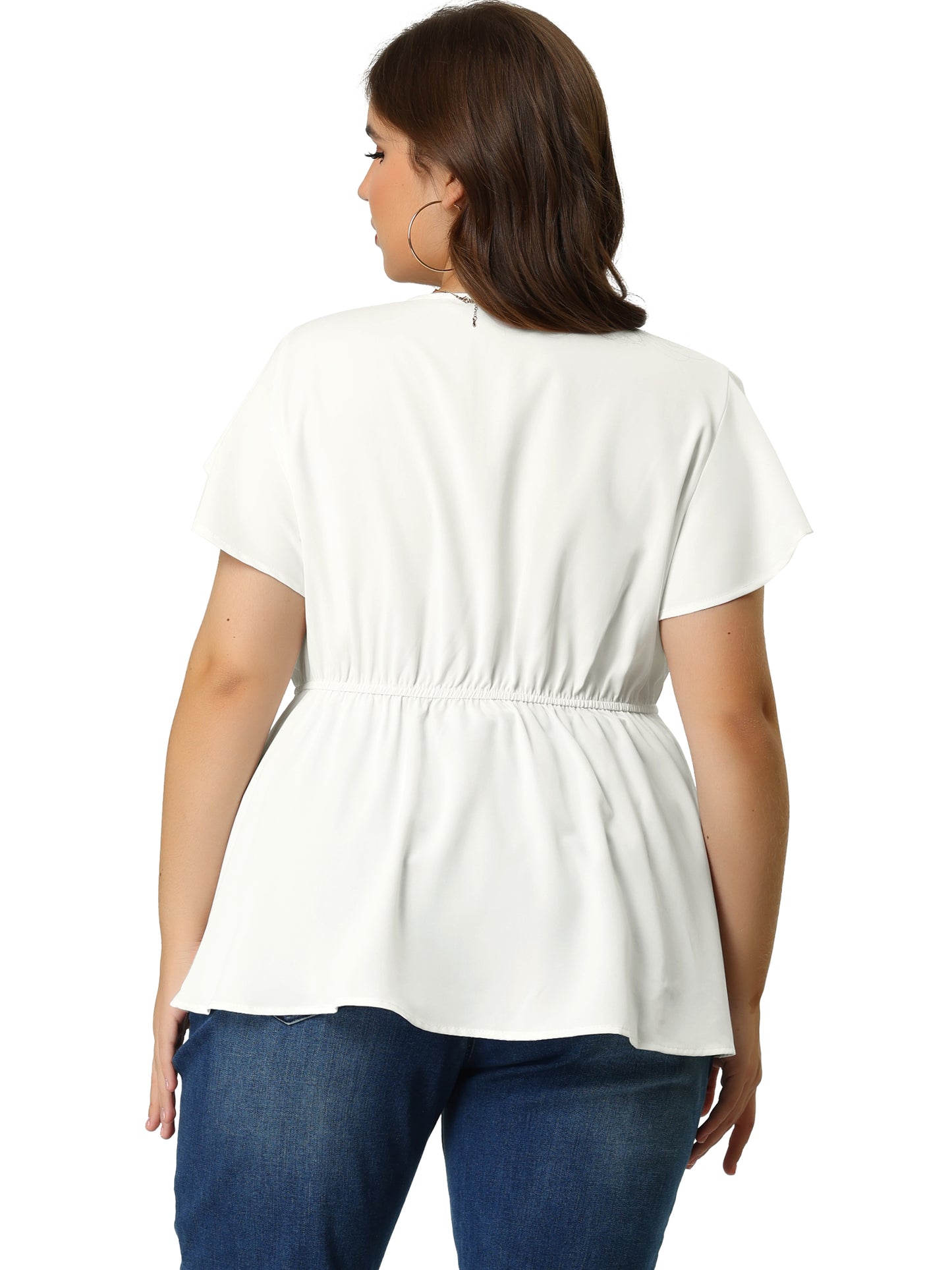 Women Button Decor Drawstring Waist Flare Sleeve Plus Size Peplum Blouse