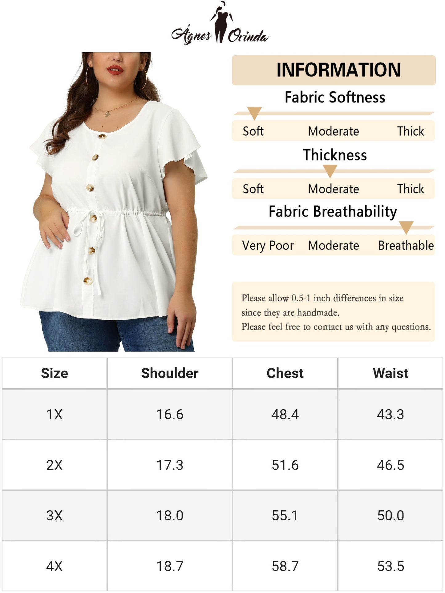 Women Button Decor Drawstring Waist Flare Sleeve Plus Size Peplum Blouse